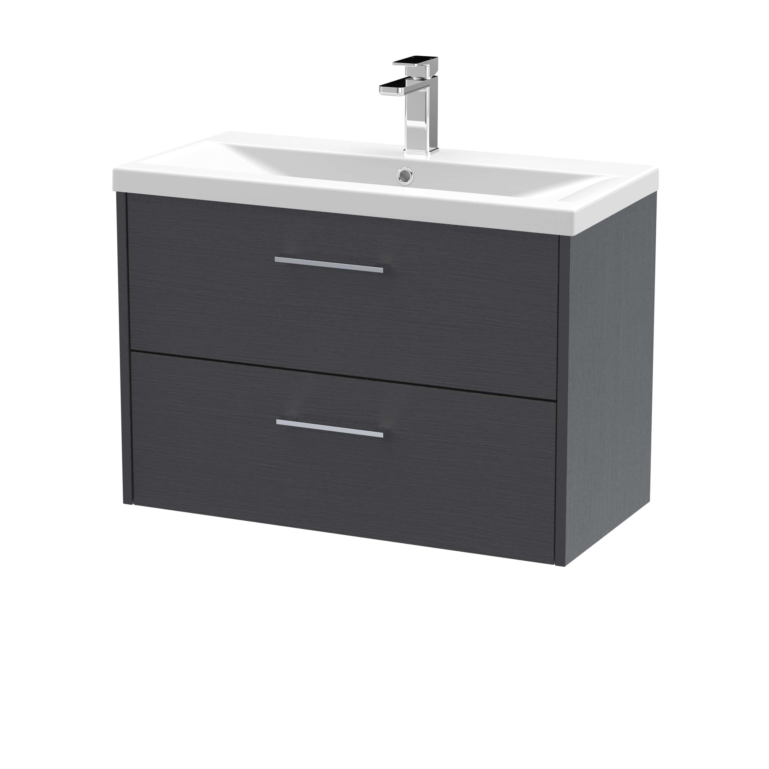 Modern bathroom vanity unit with integrated sink and sleek dark grey finish, ideal for contemporary bathroom designs. Features two spacious drawers for efficient storage.