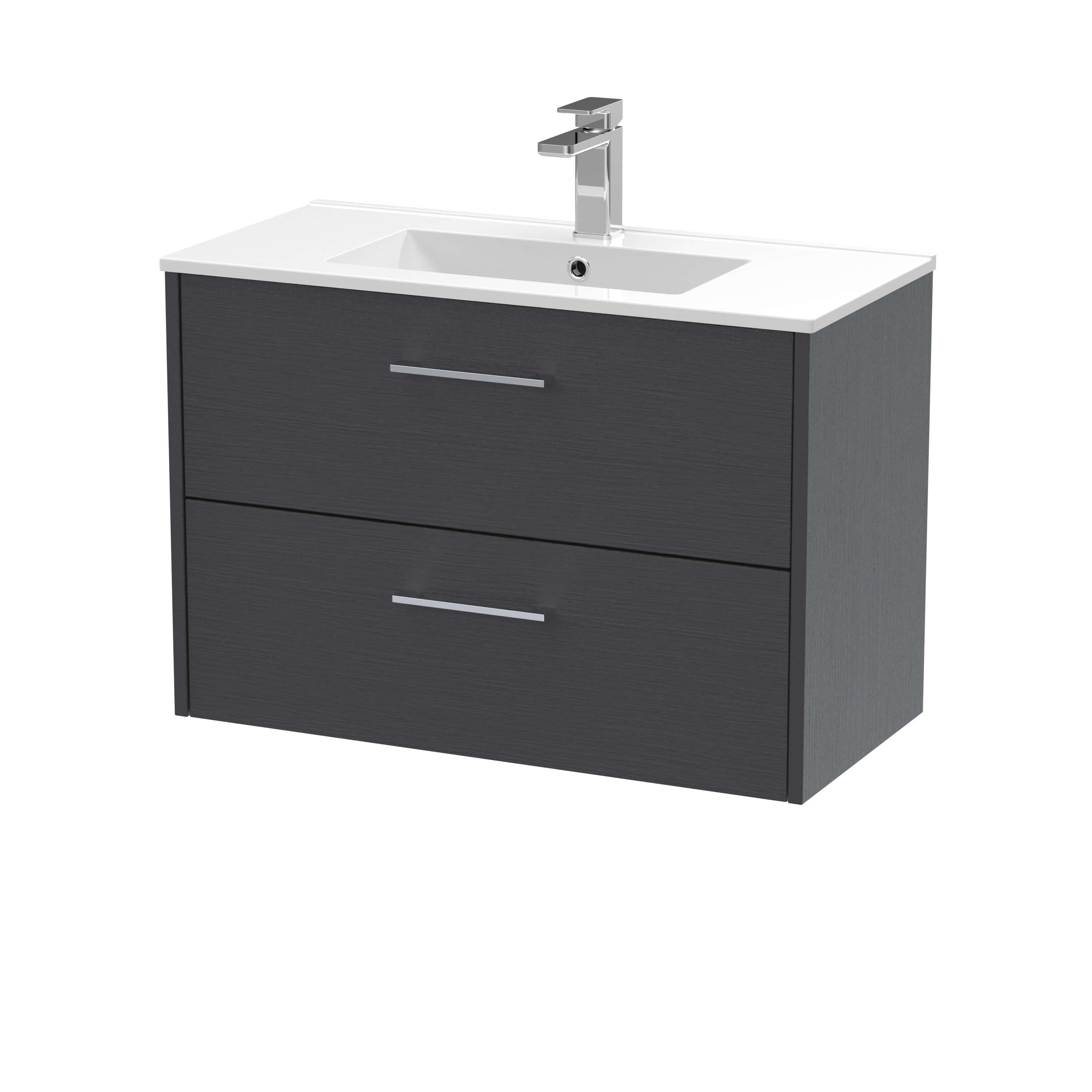 Modern grey bathroom vanity unit with integrated sink and chrome faucet, ideal for contemporary bathroom designs. Durable wood effect finish with sleek handles for a stylish and functional storage solution.