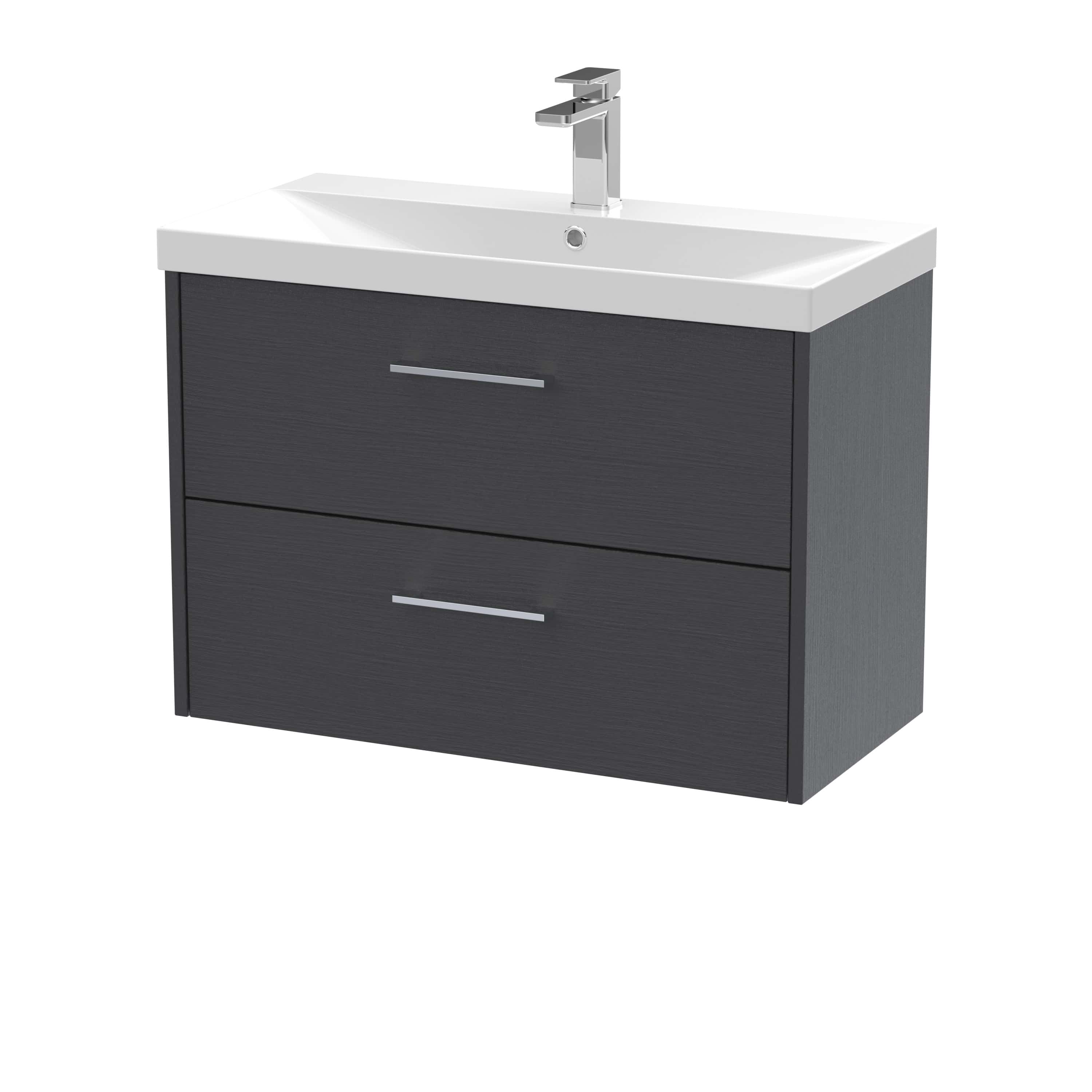 Modern grey bathroom vanity unit with integrated sink and sleek chrome handles, ideal for contemporary bathroom designs.