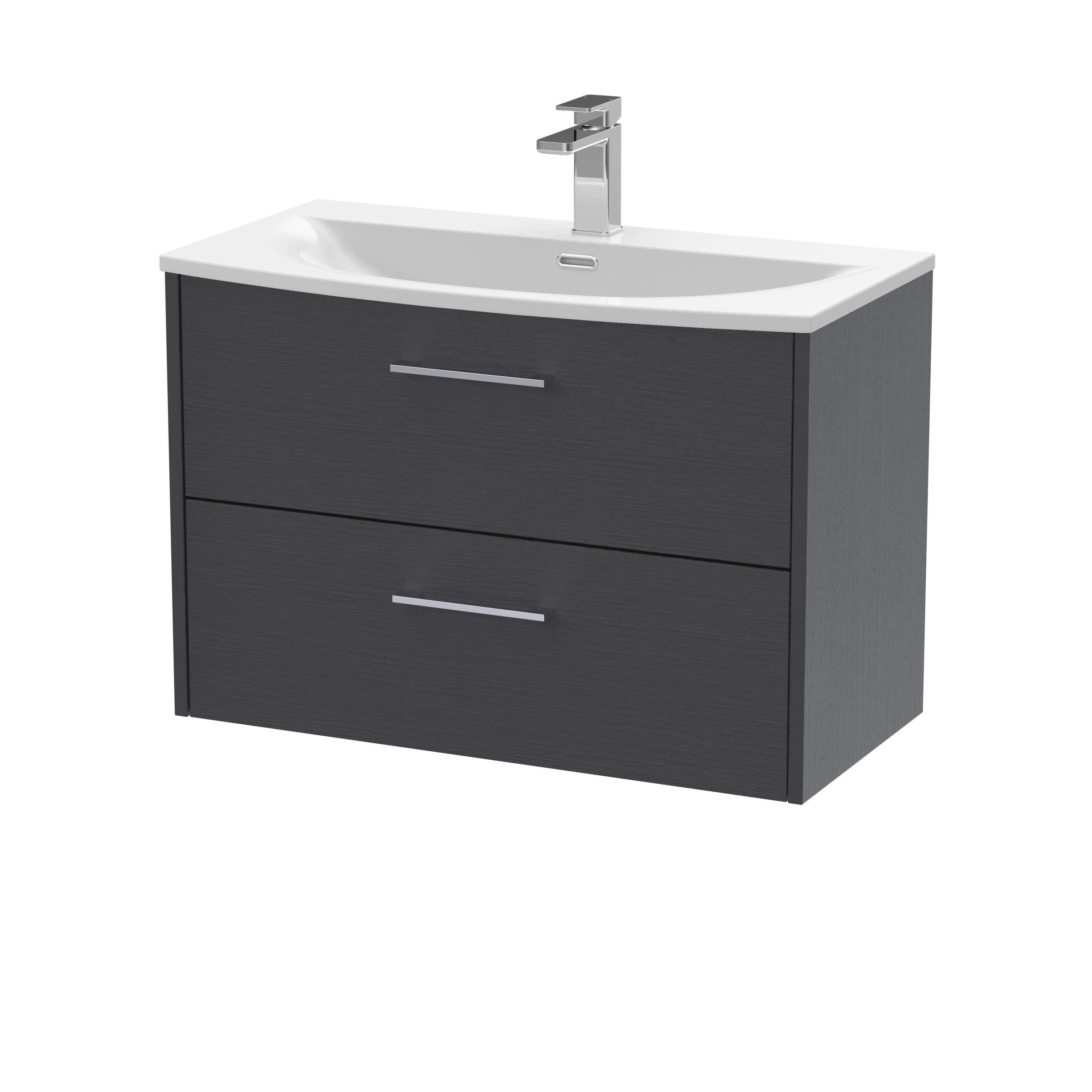 Modern grey bathroom vanity with integrated sink and chrome tap, ideal for contemporary bathroom designs. Perfect storage solution with two drawers for organising toiletries and essentials.