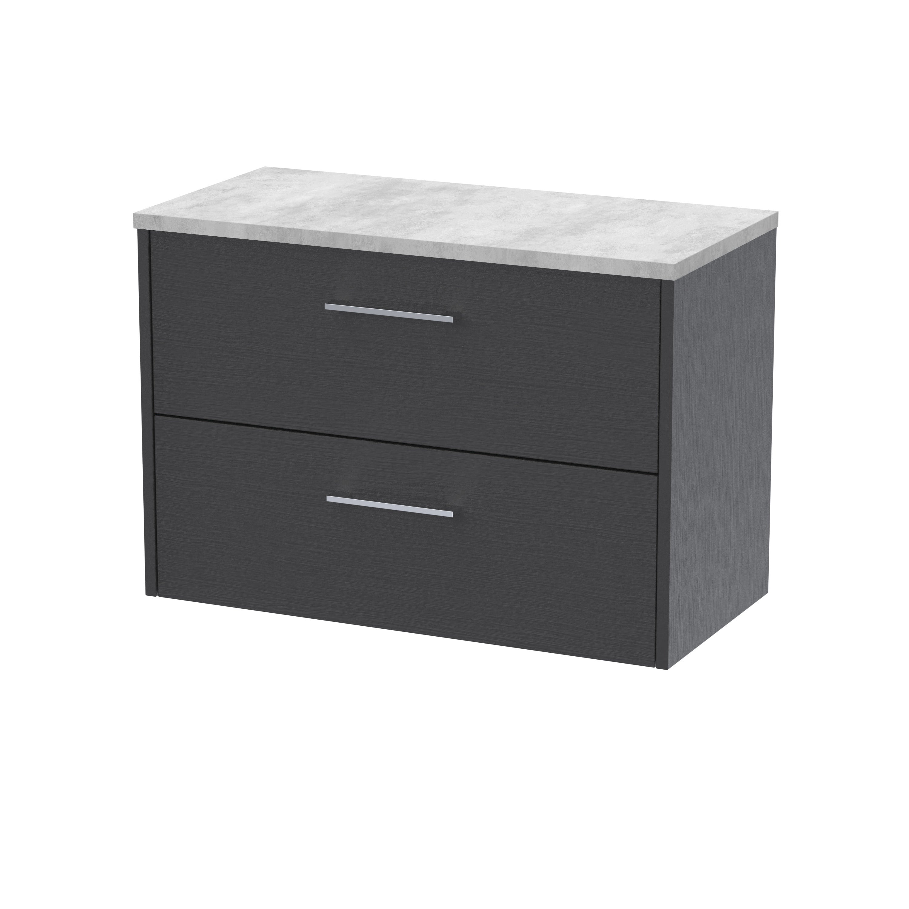 Modern black bathroom vanity unit with concrete effect worktop, featuring two spacious drawers with sleek silver handles, perfect for contemporary bathroom storage solutions.