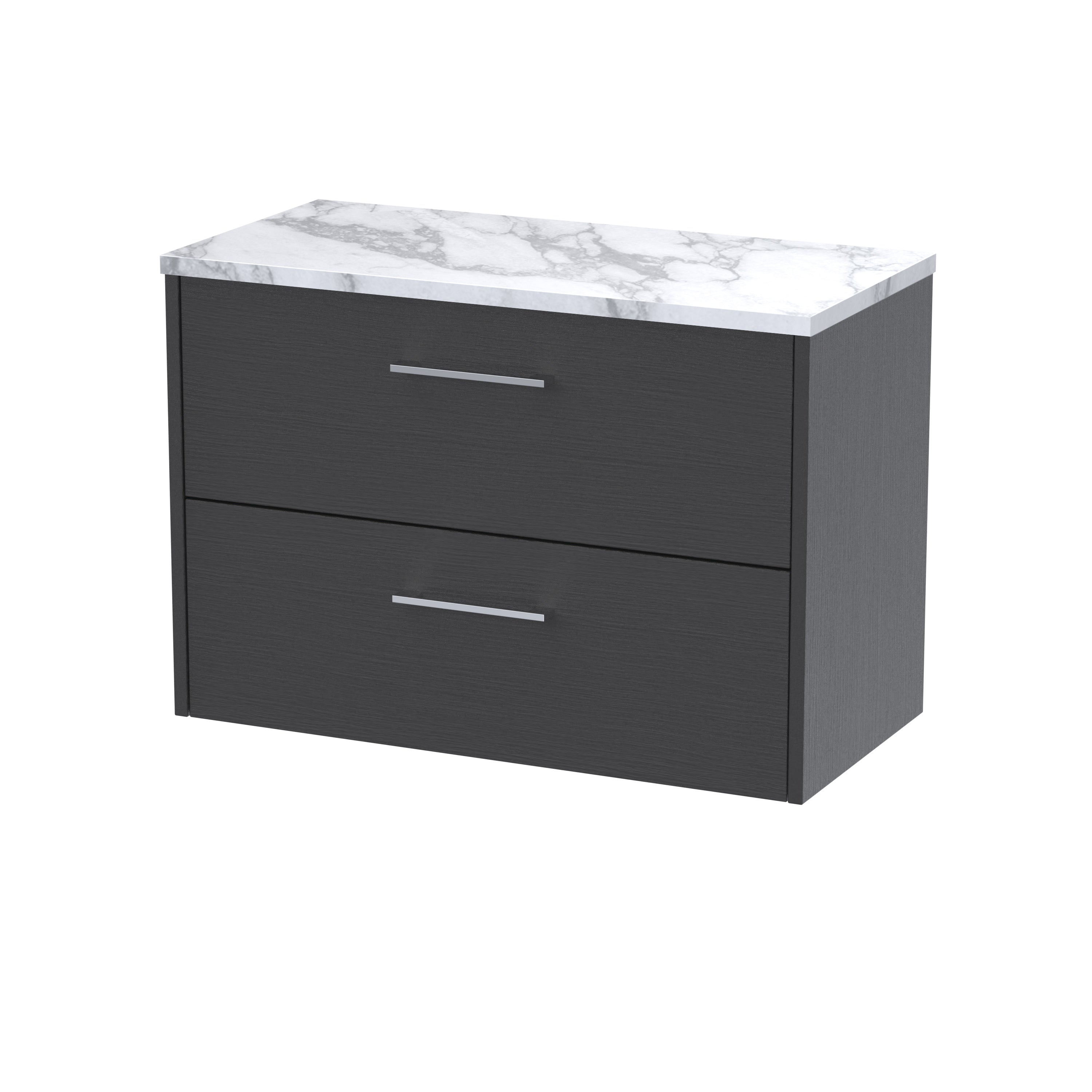 Sleek black bathroom vanity with a white marble top, modern handles, and two spacious drawers, ideal for contemporary bathroom storage solutions.