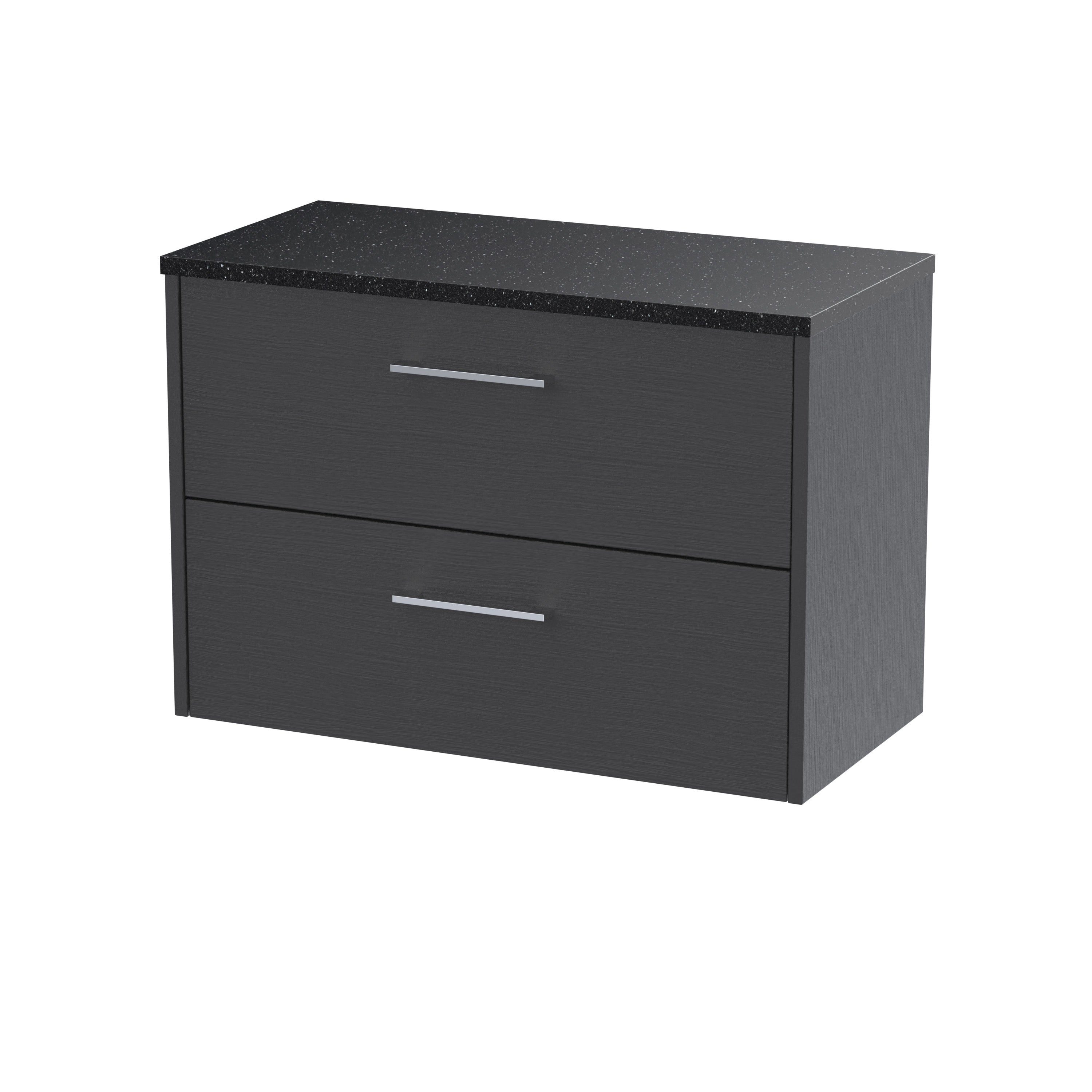 Stylish black bathroom vanity unit with durable black marble effect worktop and modern silver handles, perfect for contemporary bathrooms and storage solutions.