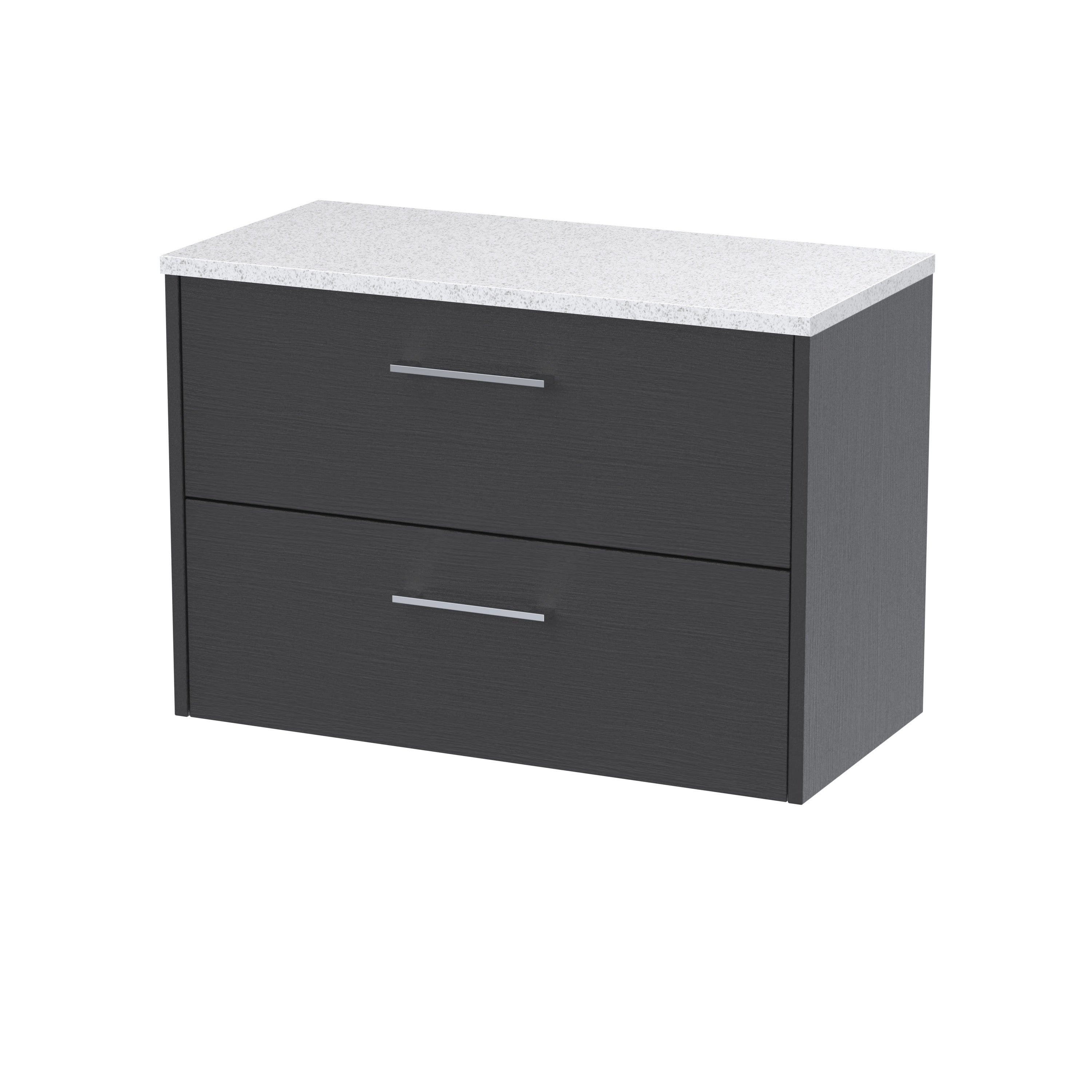 Modern black bathroom vanity unit with two drawers and a white granite countertop, ideal for contemporary bathroom storage solutions.