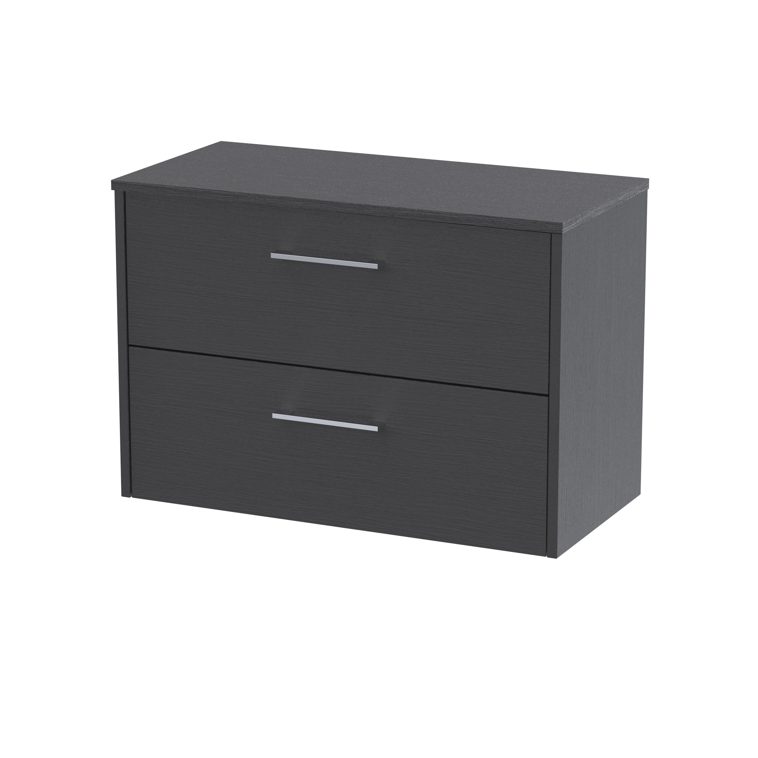 Modern black bathroom vanity unit with two drawers and sleek silver handles, ideal for contemporary bathroom storage solutions.