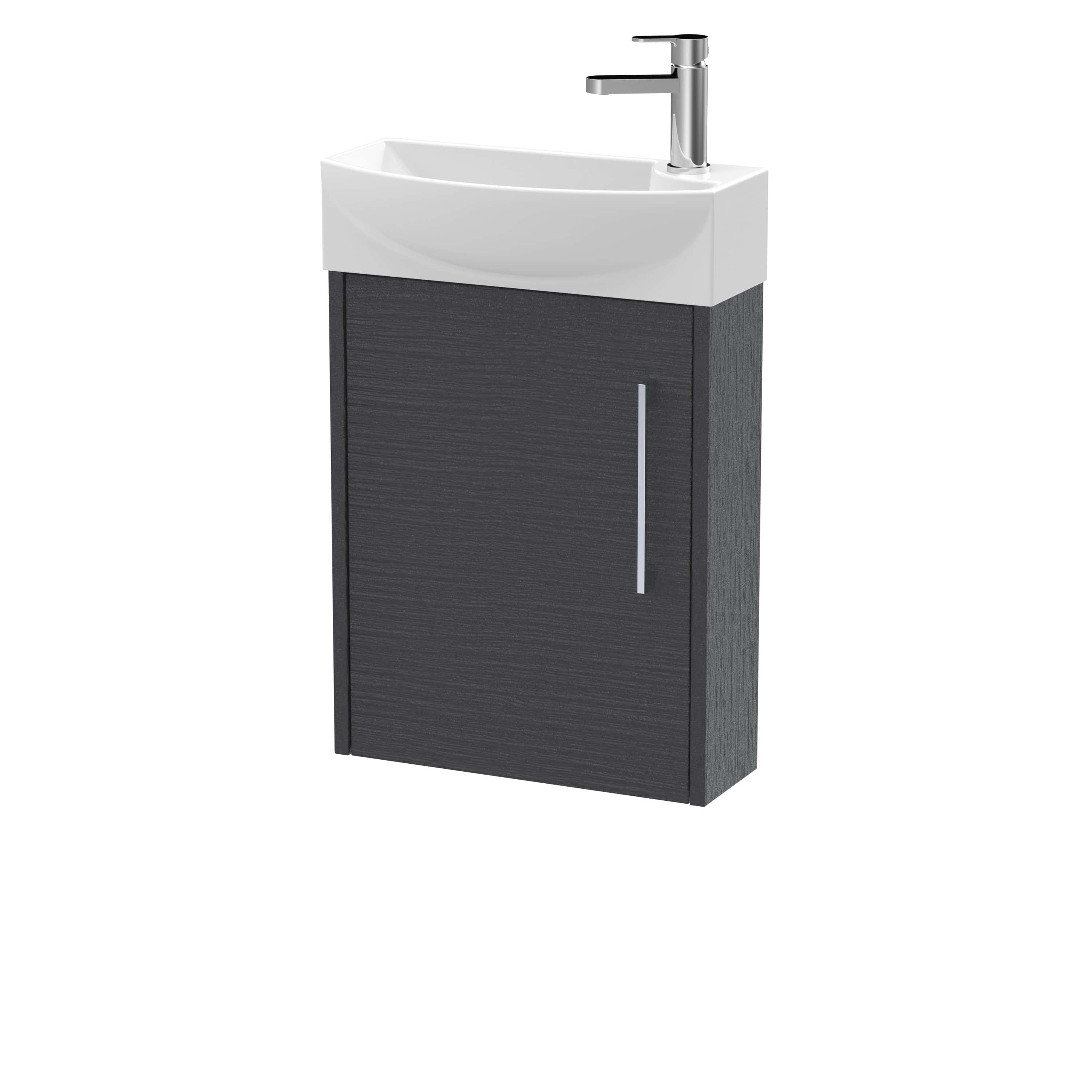 Modern bathroom vanity with a sleek black wood finish and integrated ceramic sink featuring a chrome tap. Perfect for contemporary bathroom upgrades and stylish space saving.
