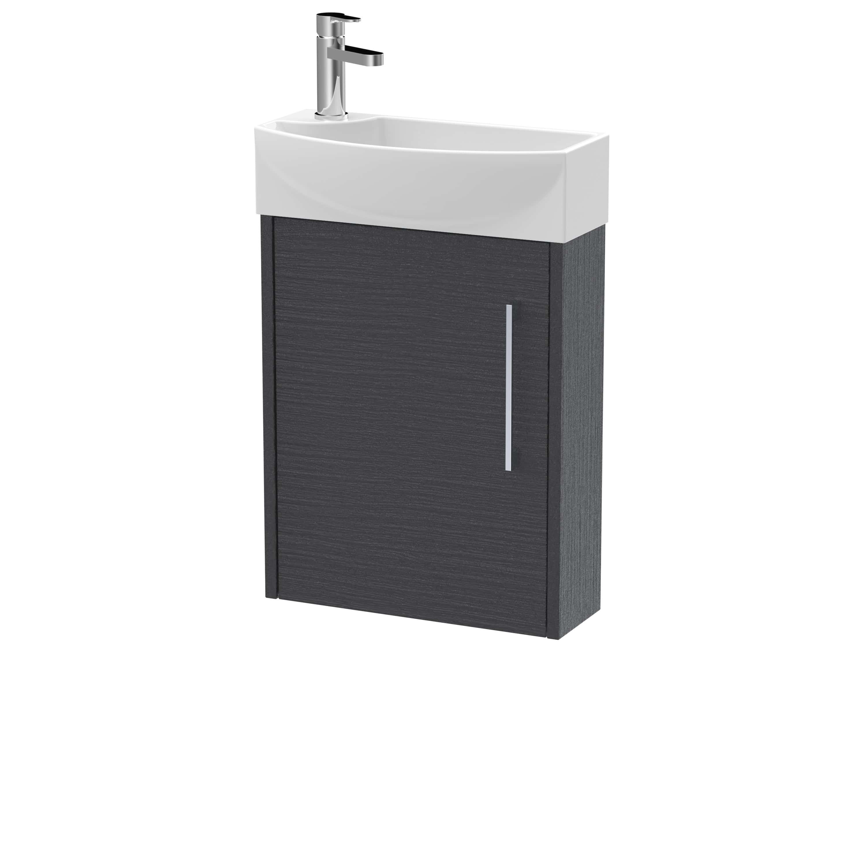 Modern bathroom vanity with integrated sink and sleek black wooden cabinet for stylish bathroom storage. Suitable for contemporary bathrooms, combining functionality and elegance.