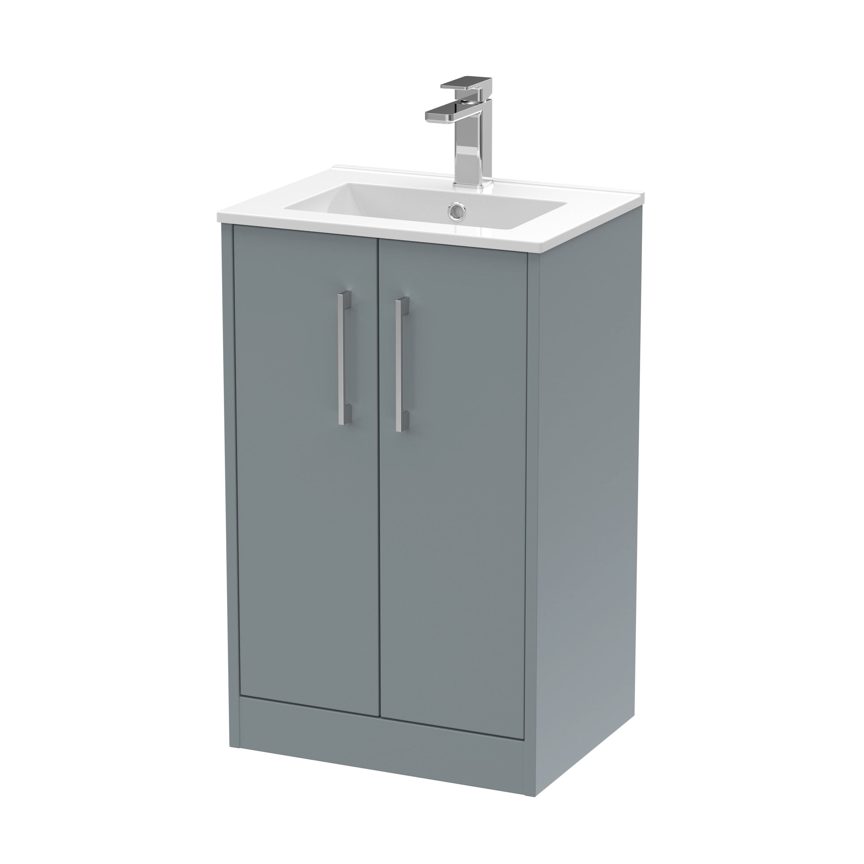 Modern grey bathroom vanity unit with integrated sink and chrome tap for contemporary bathroom decor.