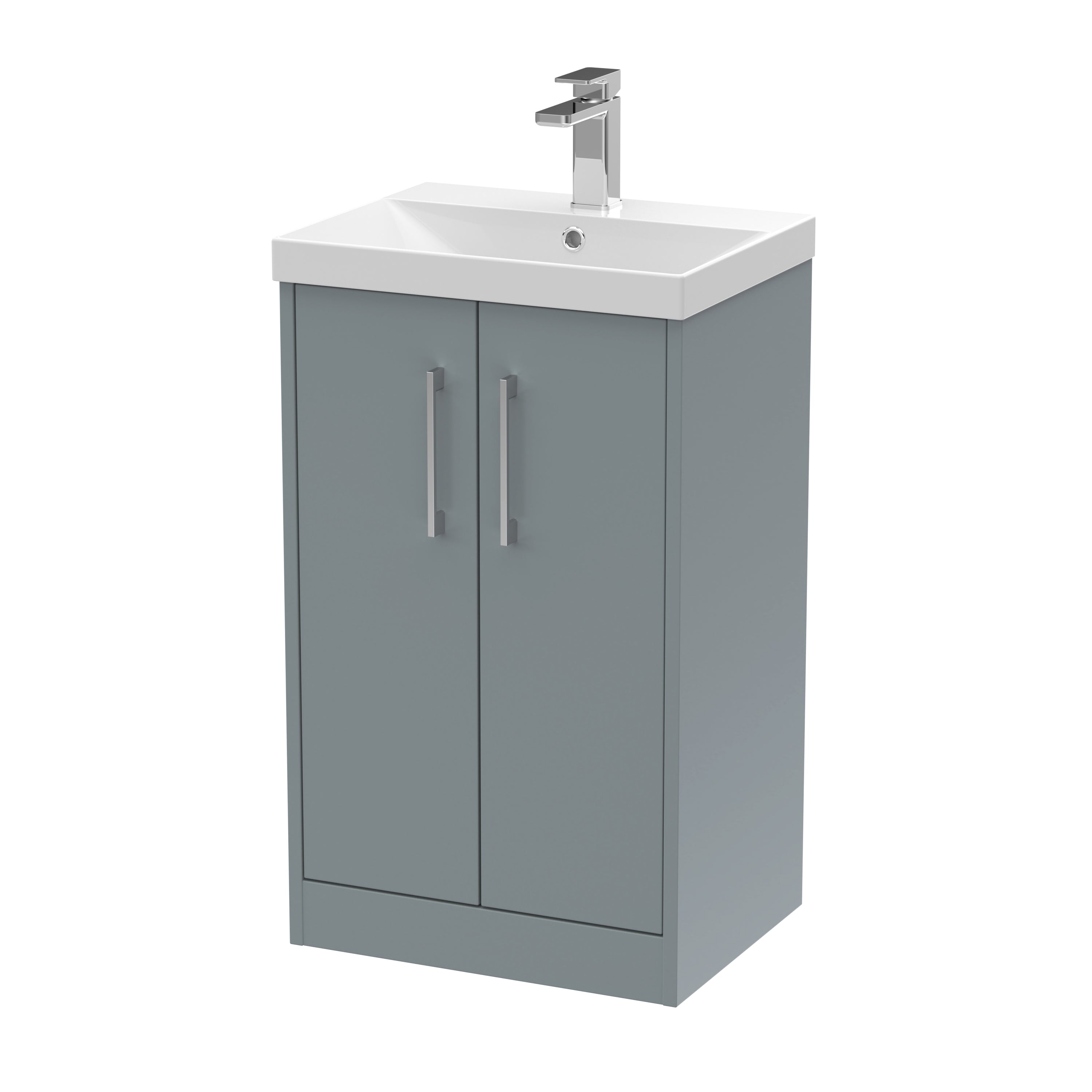 Modern grey bathroom vanity unit with integrated sink and chrome tap, perfect for contemporary bathroom designs.