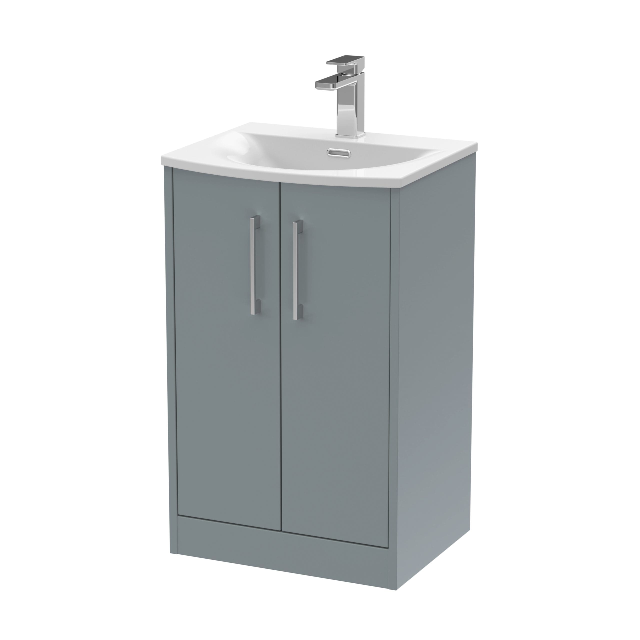 Modern grey bathroom vanity unit with integrated sink and chrome tap, perfect for contemporary bathroom storage solutions.
