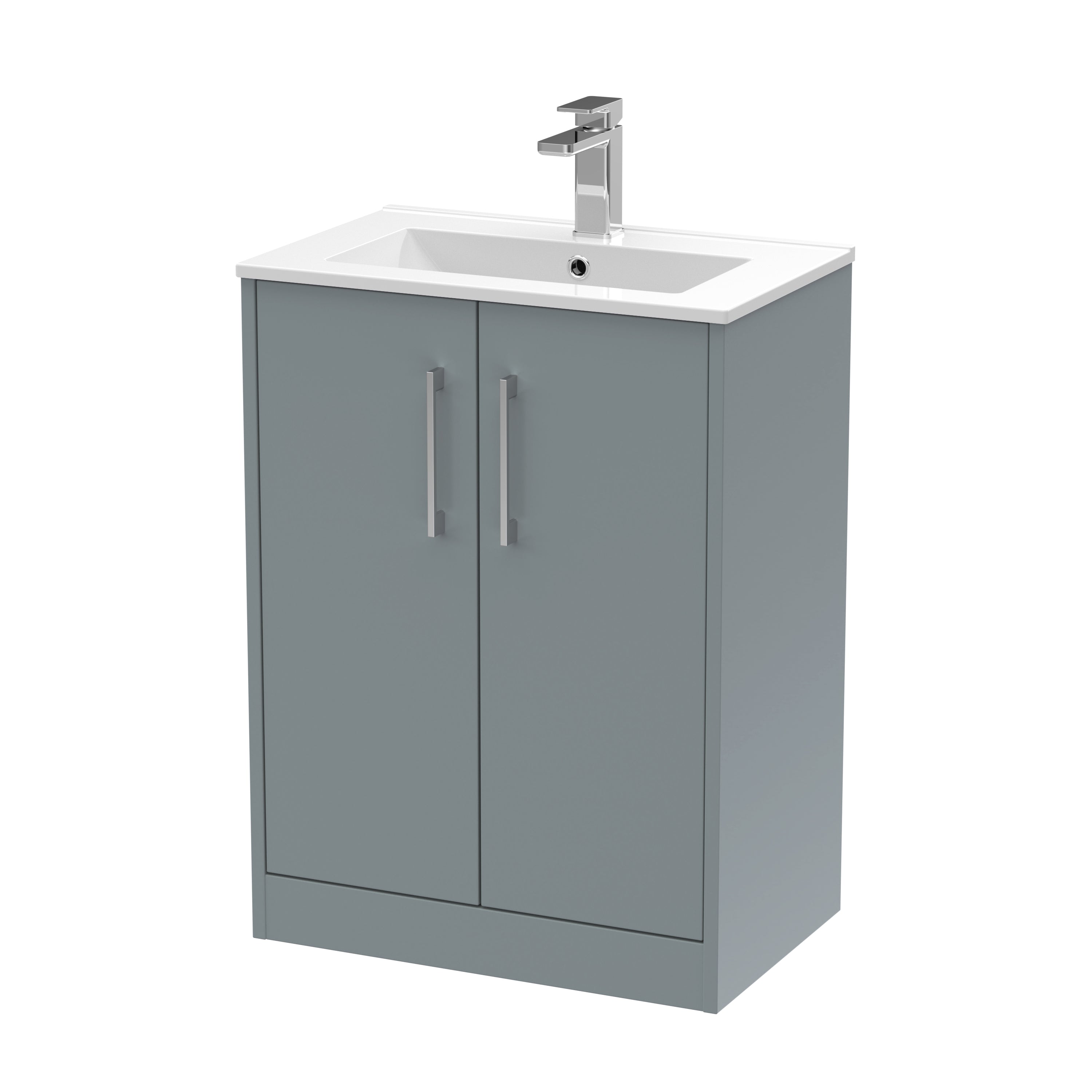 Modern grey bathroom sink vanity with cabinet storage and sleek chrome handles, ideal for contemporary bathroom remodels and plumbing solutions.