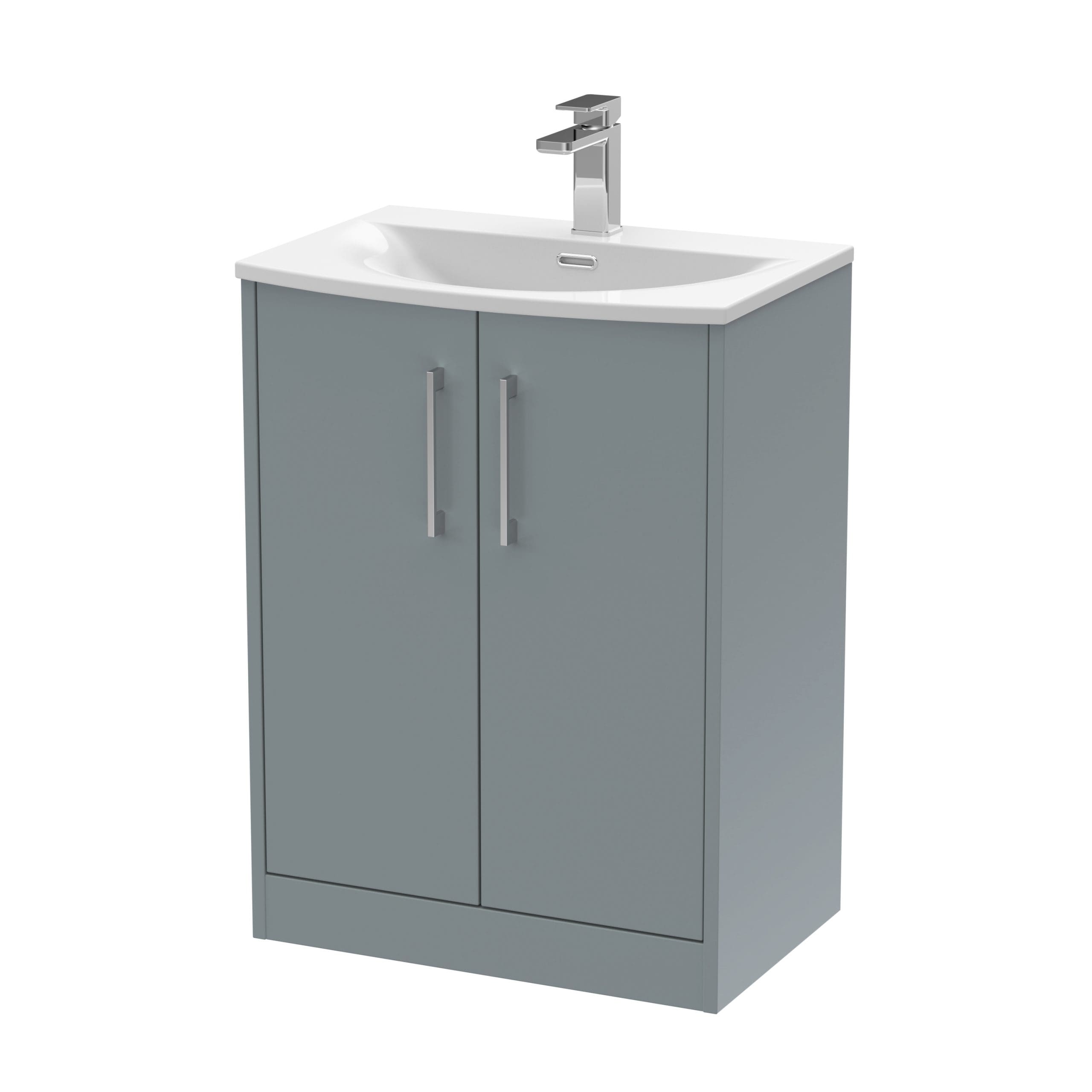 Modern grey bathroom vanity unit with a white sink and chrome faucet, ideal for contemporary bathroom designs. Durable storage cabinets provide practical space solutions.