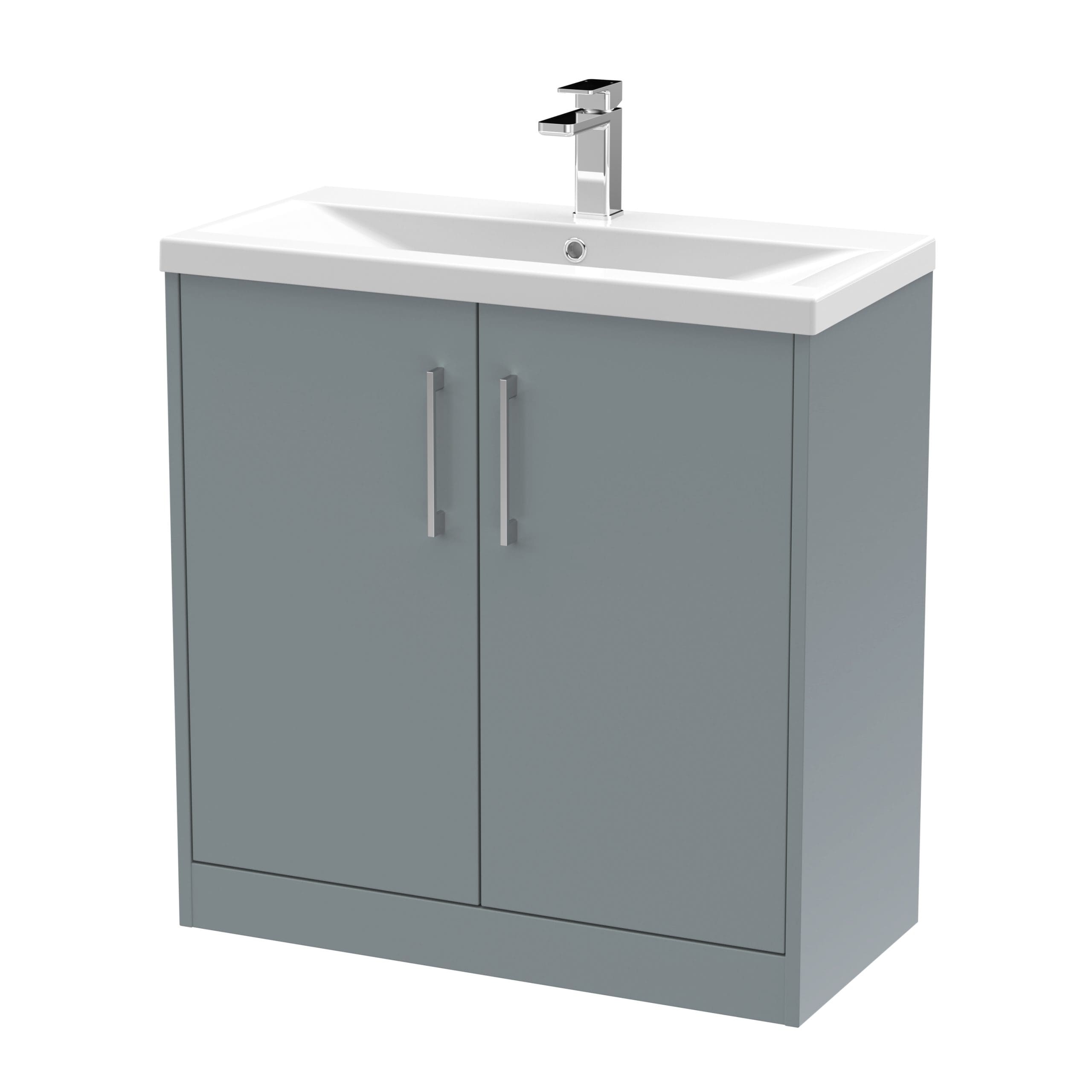 Modern grey bathroom vanity unit with white ceramic sink and chrome tap, ideal for contemporary bathroom decor. Crafted for durability and style, providing ample storage space.