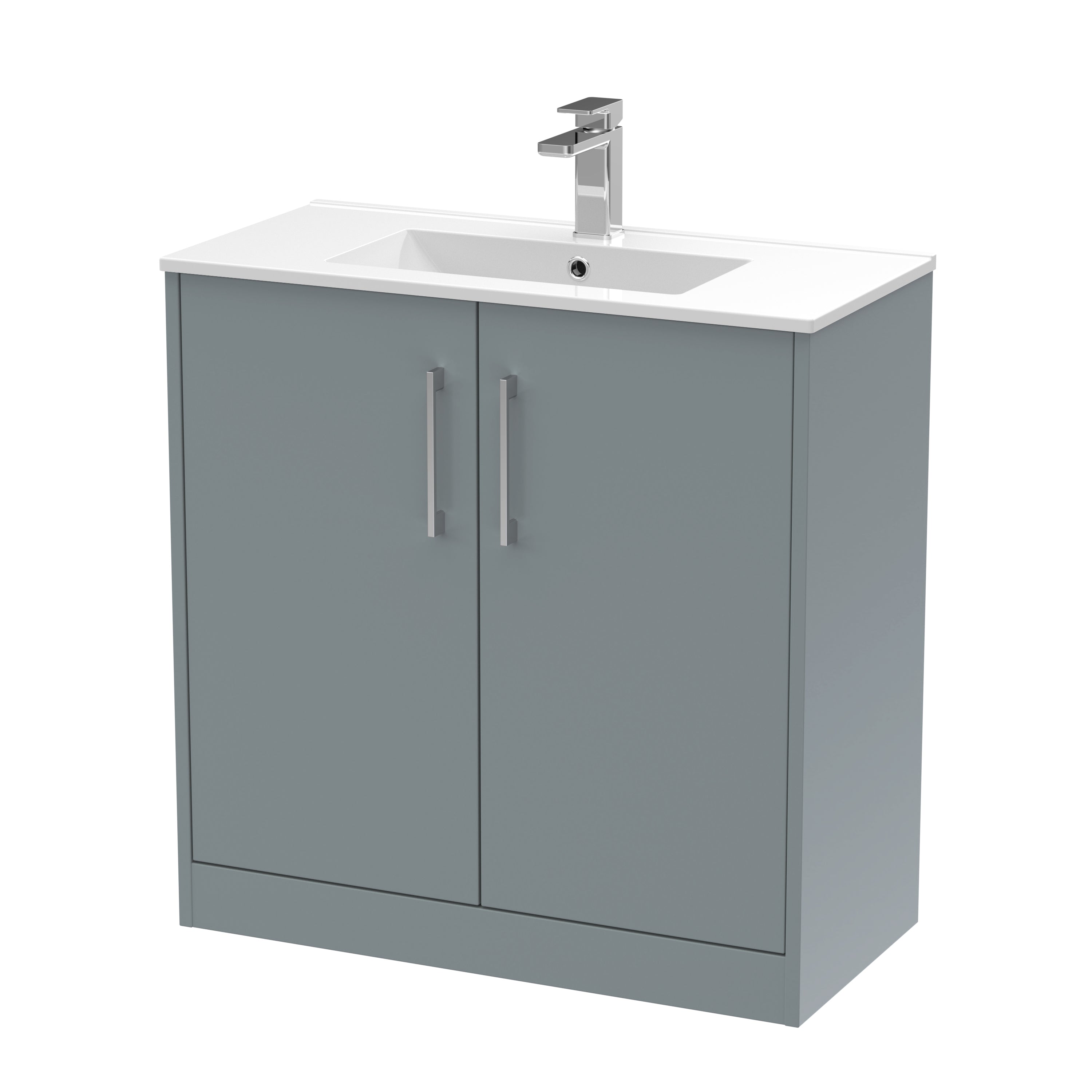 Sleek grey bathroom vanity unit with integrated sink and modern chrome faucet, perfect for contemporary bathroom renovations.