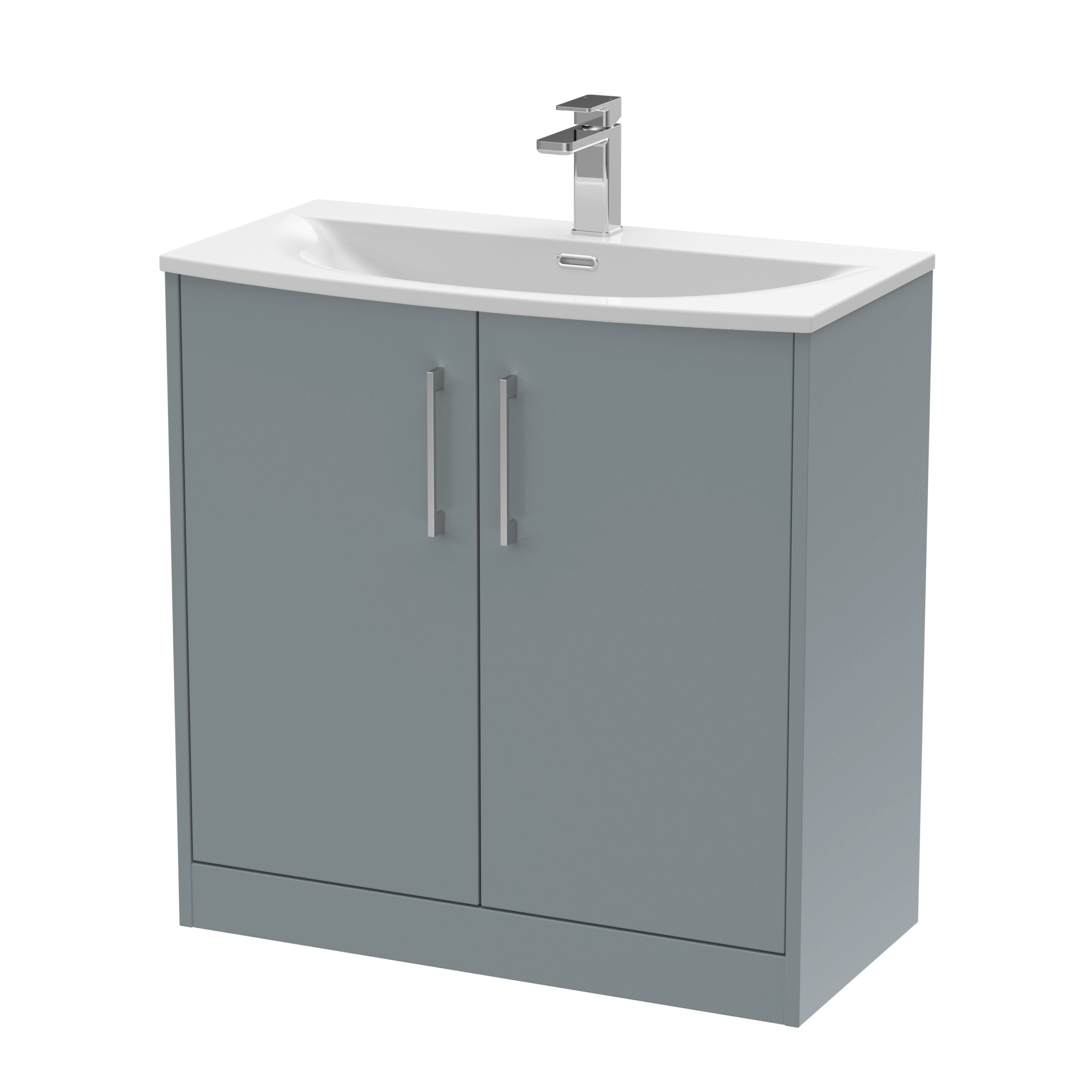Modern grey bathroom vanity unit with white countertop and stainless steel handles, featuring a built-in sink and chrome faucet. Suitable for contemporary bathroom interiors.