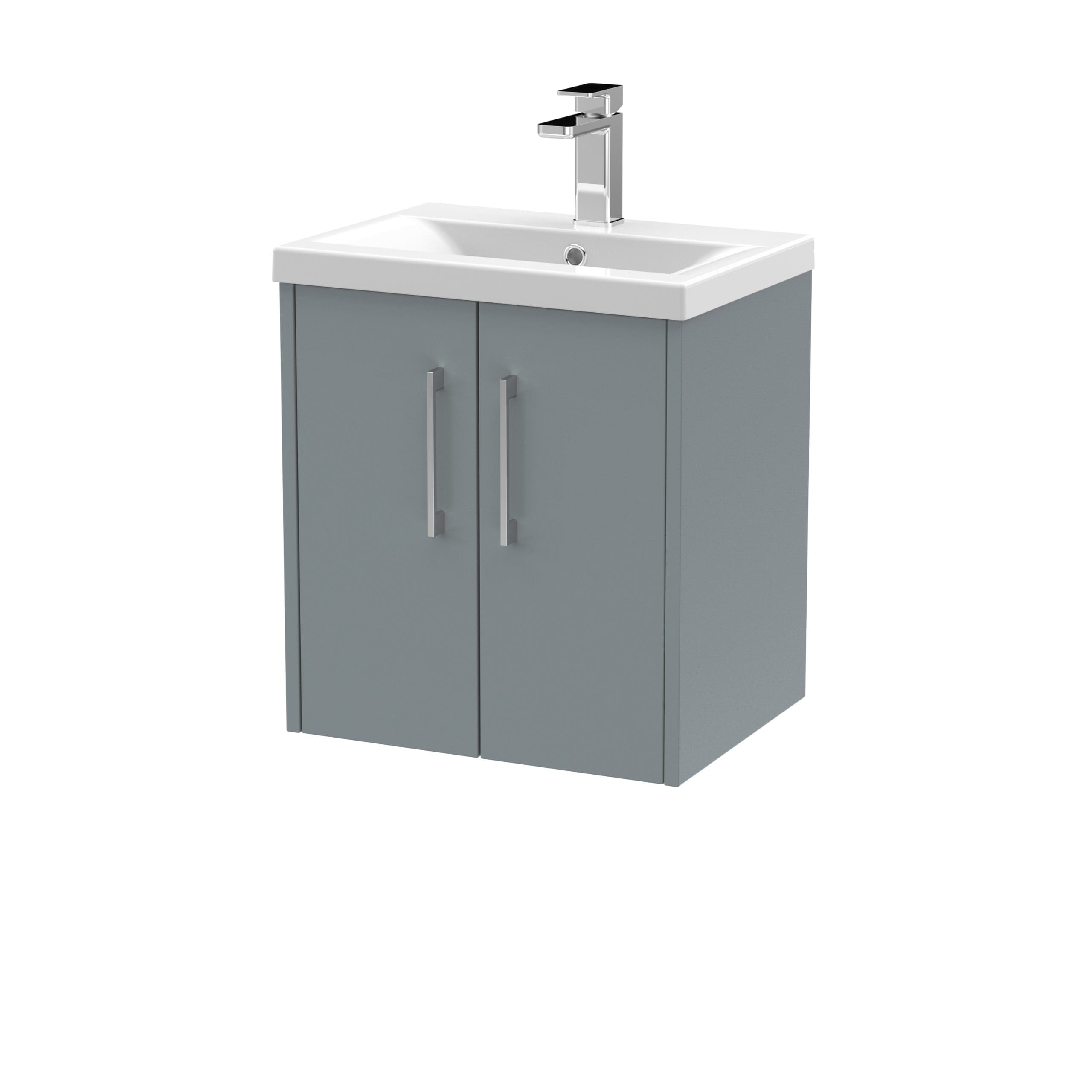 Modern grey bathroom vanity unit with white sink and sleek chrome tap, ideal for contemporary bathroom designs. Perfect for bathroom storage and styling.