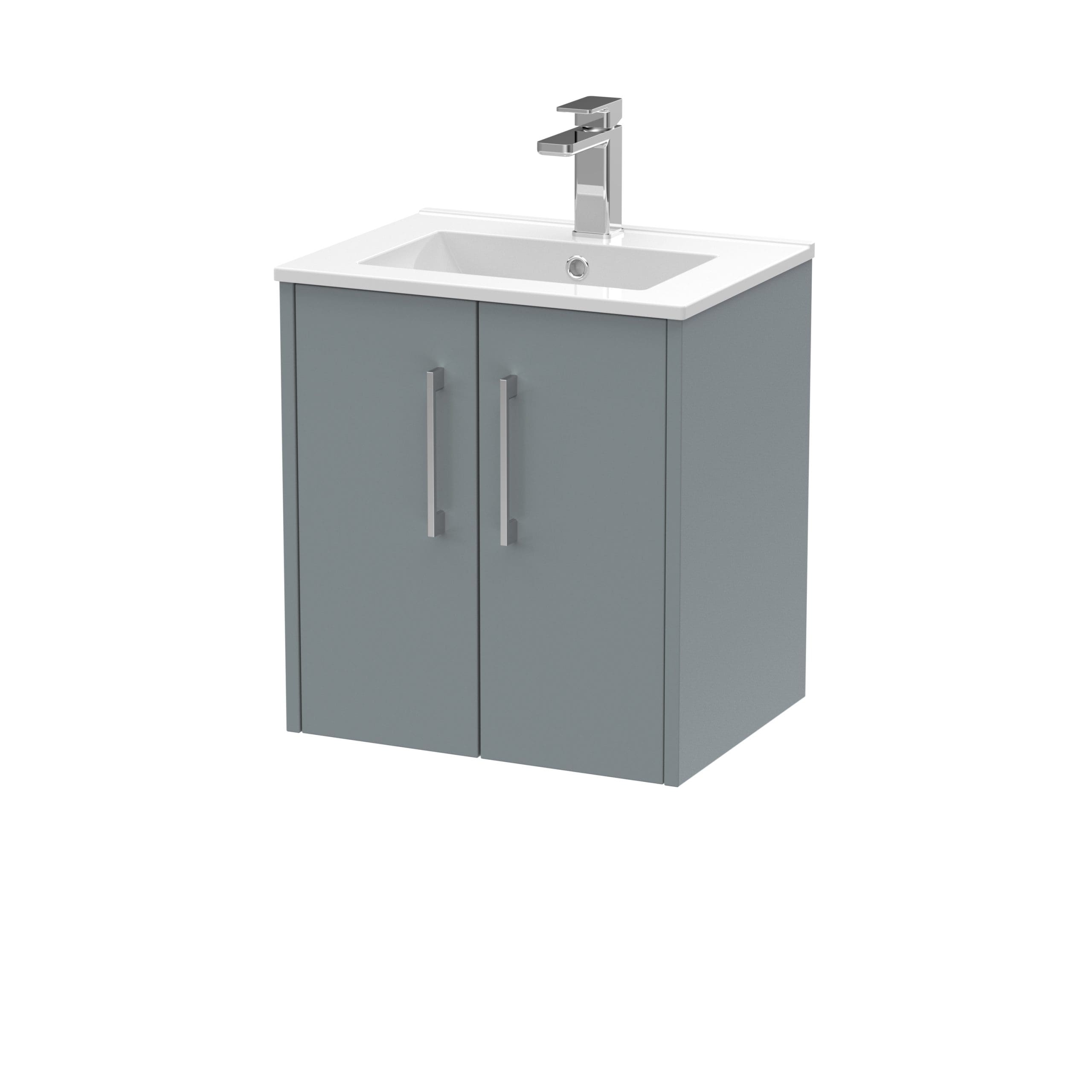 Modern grey bathroom vanity unit with white ceramic sink and chrome faucet for contemporary bathroom design.