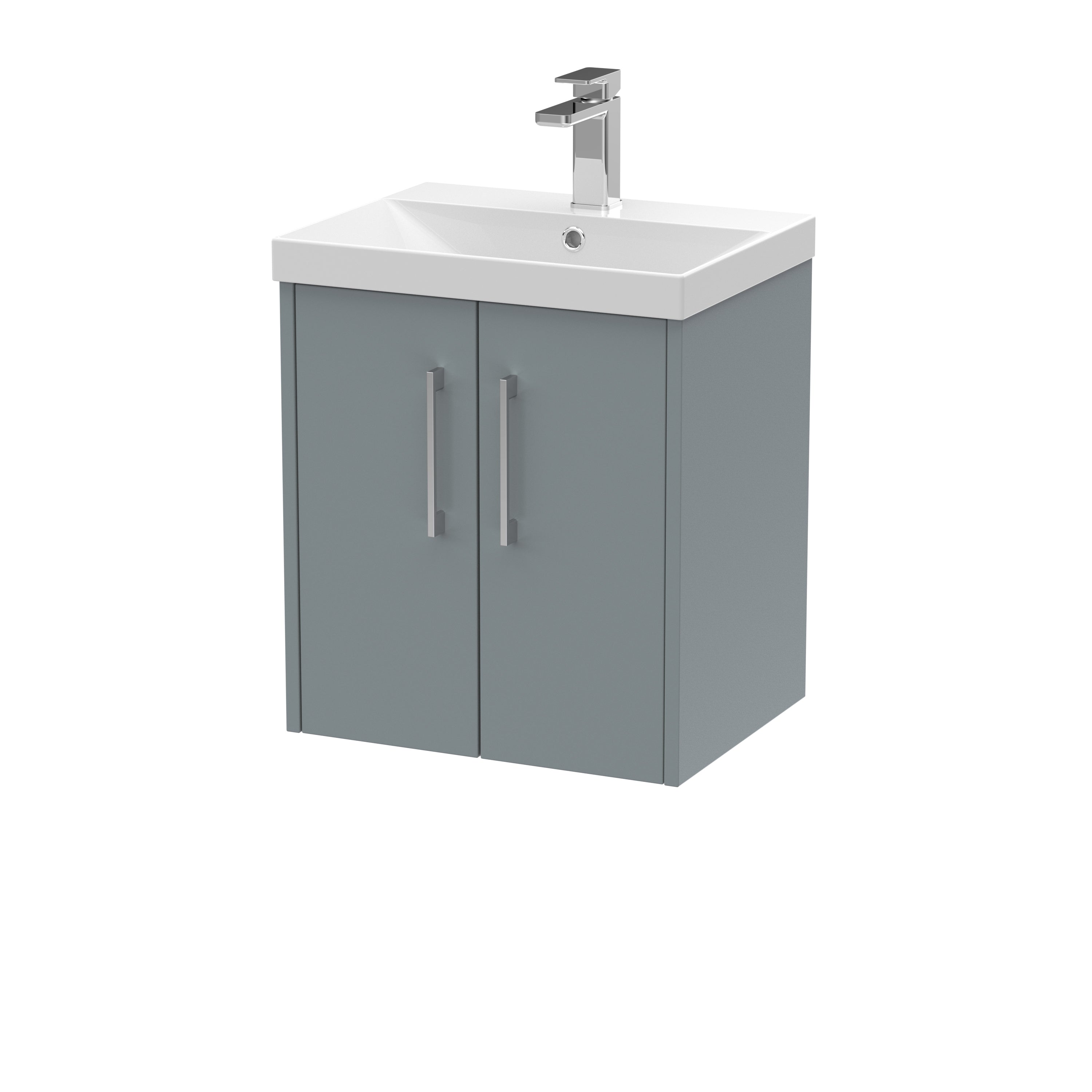 Modern grey bathroom vanity unit with white ceramic sink and chrome tap, ideal for contemporary bathroom designs.