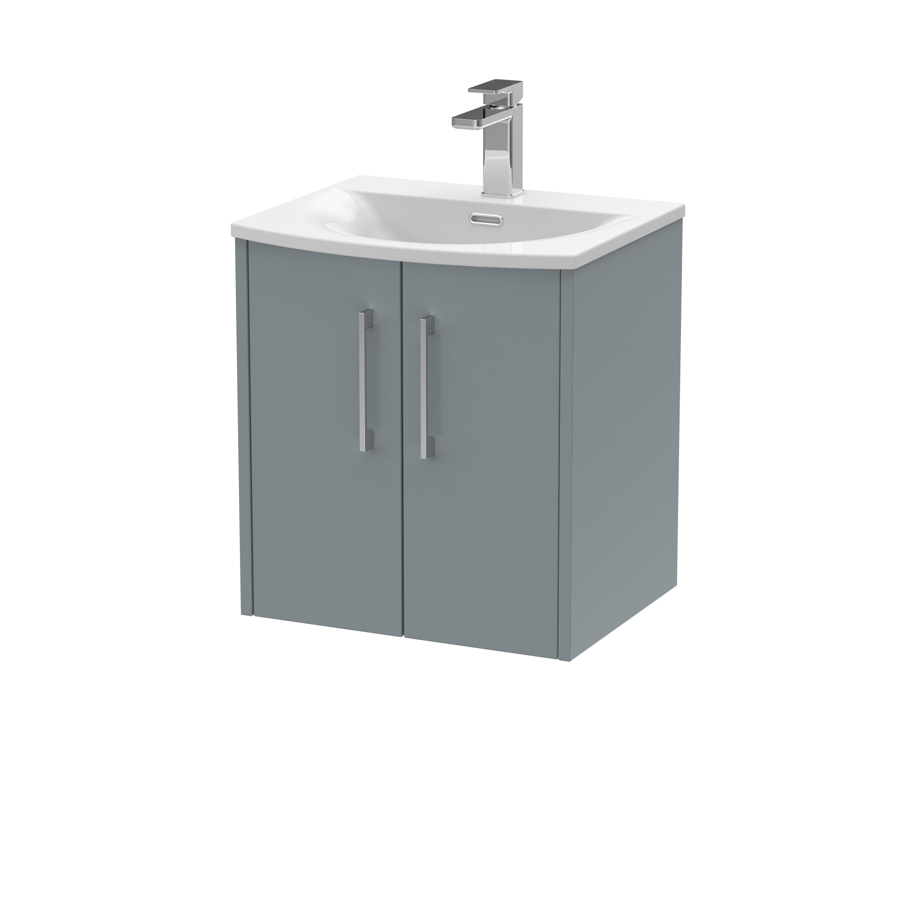 Modern bathroom vanity unit with integrated sink and chrome tap, ideal for contemporary bathroom designs. Features sleek grey cabinetry with durable handles, offering stylish storage solutions.