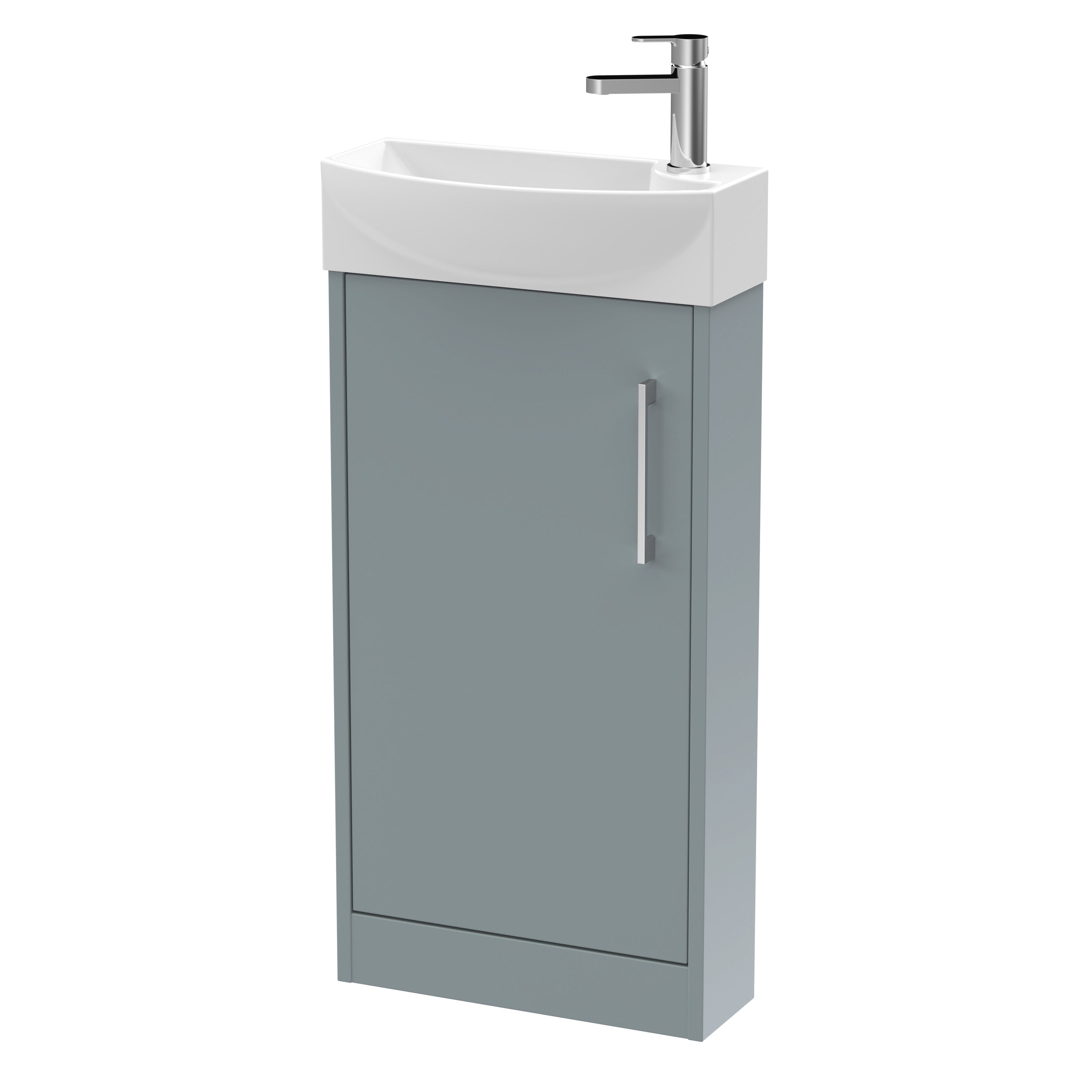 Modern bathroom wash basin with storage cabinet in grey. Compact design ideal for small bathrooms, featuring a sleek white ceramic sink and chrome tap for contemporary bathroom decor.