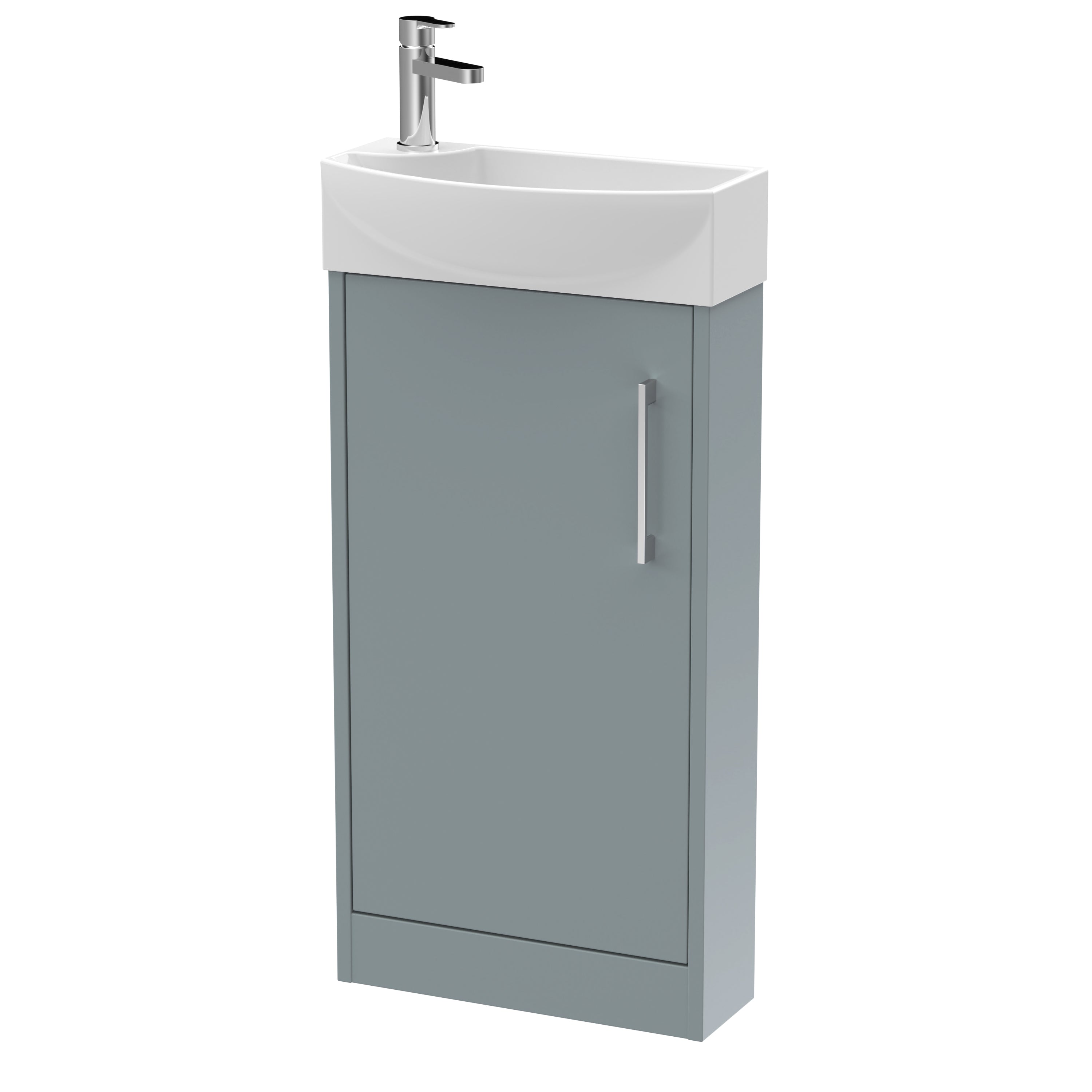 Modern bathroom vanity unit with integrated sink and chrome tap, perfect for contemporary bathroom or washroom spaces. Durable grey cabinetry with sleek handle for easy access.