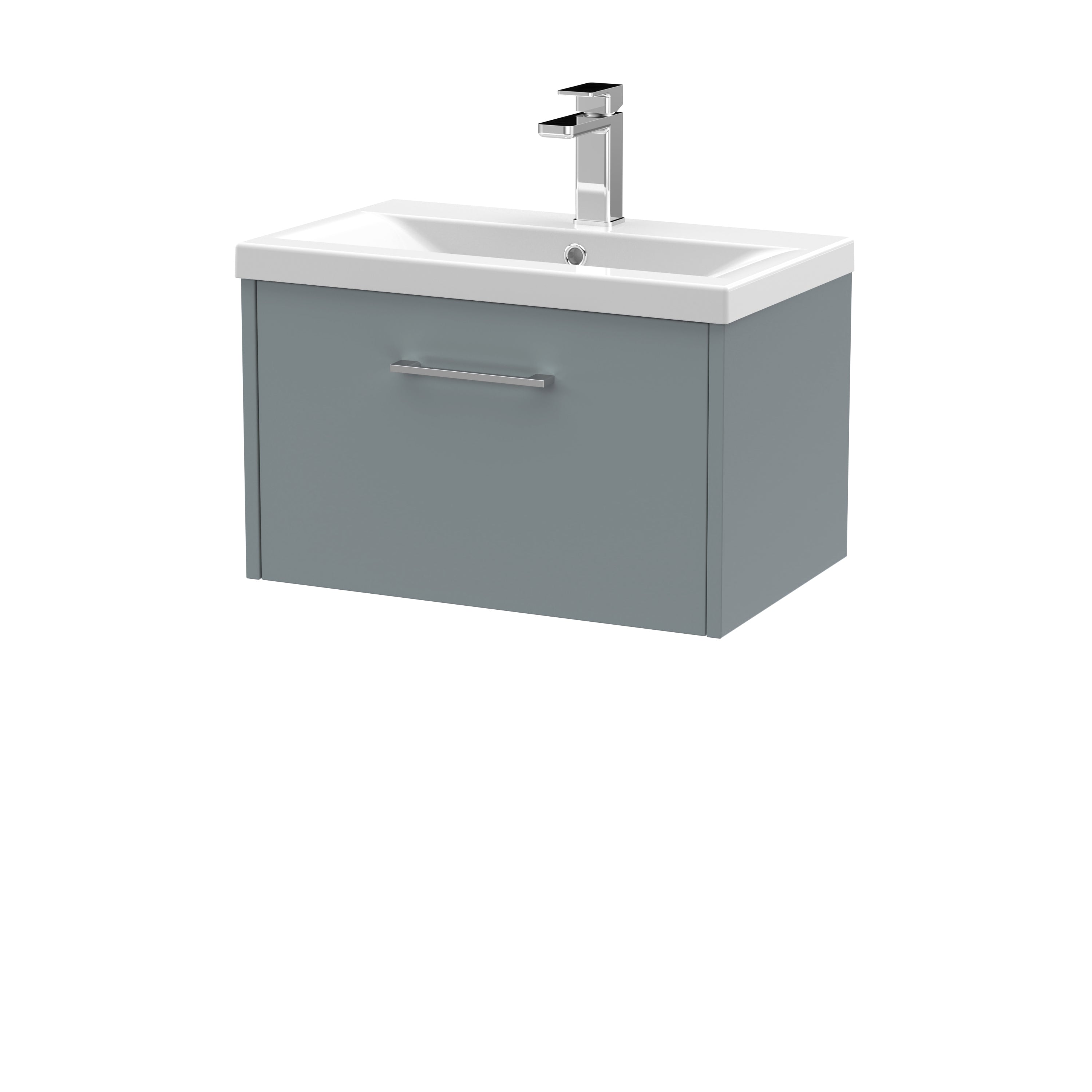 Modern bathroom sink with grey vanity unit, chrome handle, and easy-to-use tap for sleek bathroom decor.