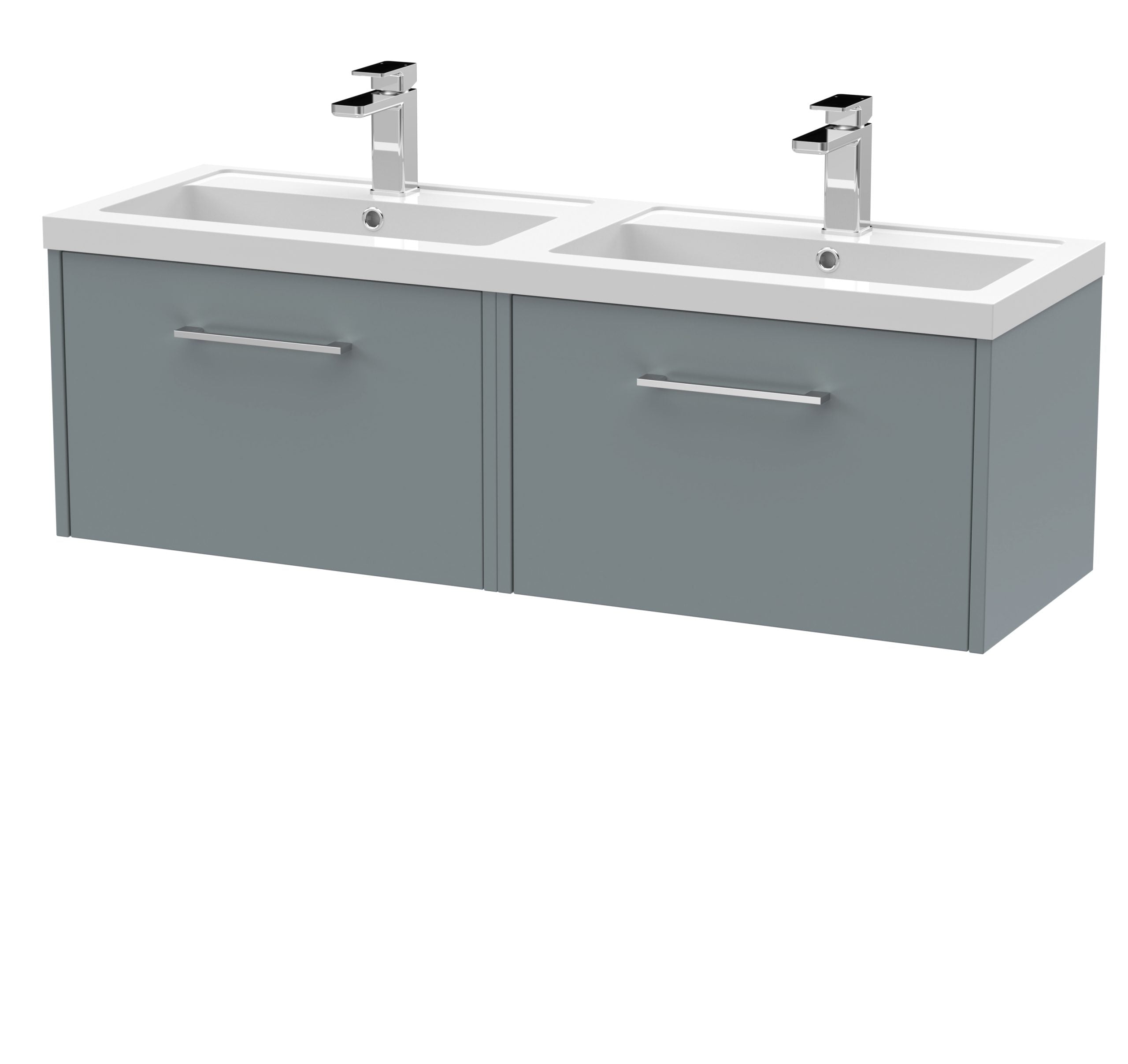 Double sink vanity unit with modern chrome taps and grey cabinetry, ideal for contemporary bathroom design. Perfect for adding storage and style to your bathroom space.