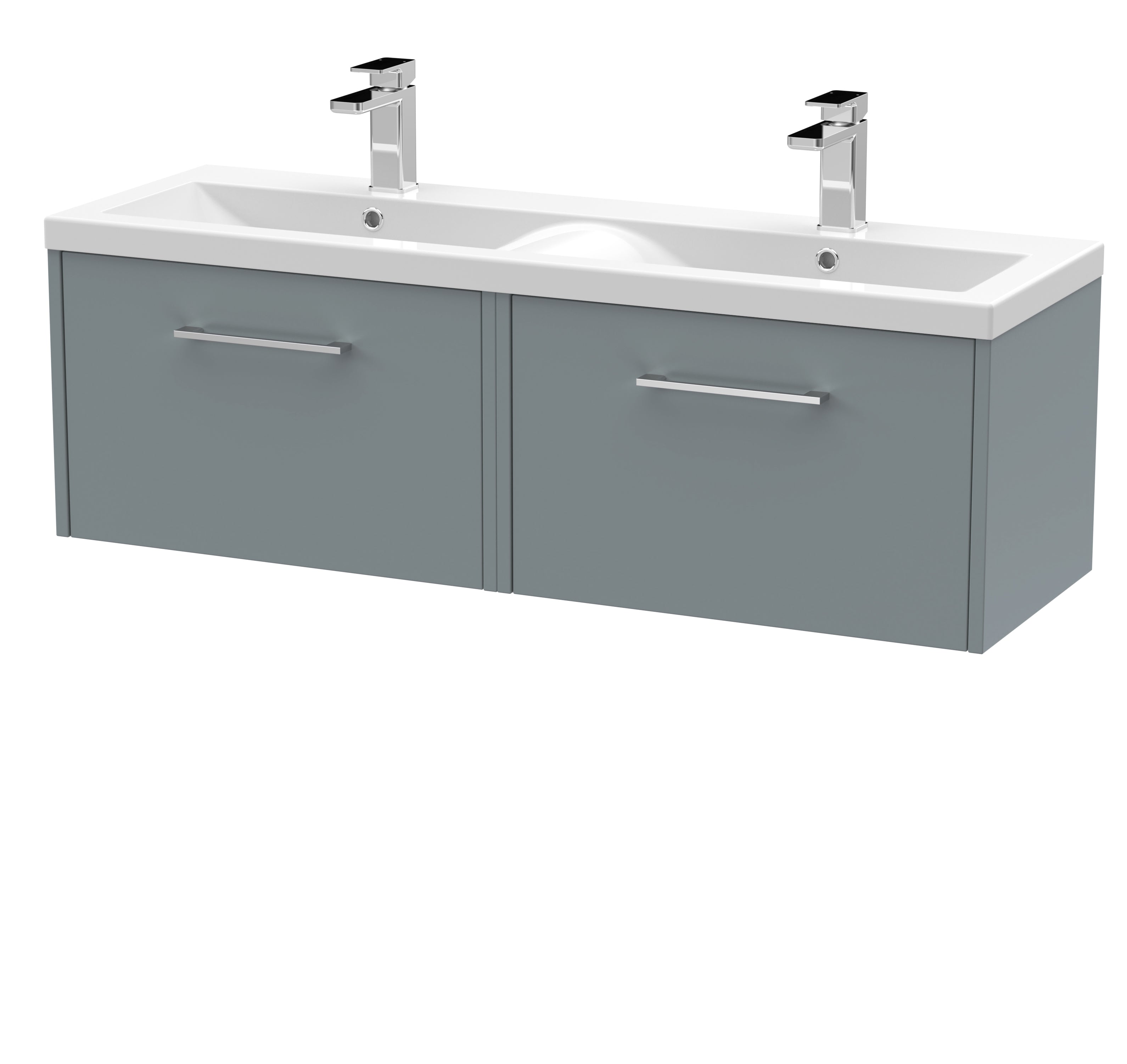 Modern double bathroom vanity unit with integrated ceramic sinks and chrome taps, ideal for contemporary bathroom designs. Perfect for stylish bathroom storage and functionality.