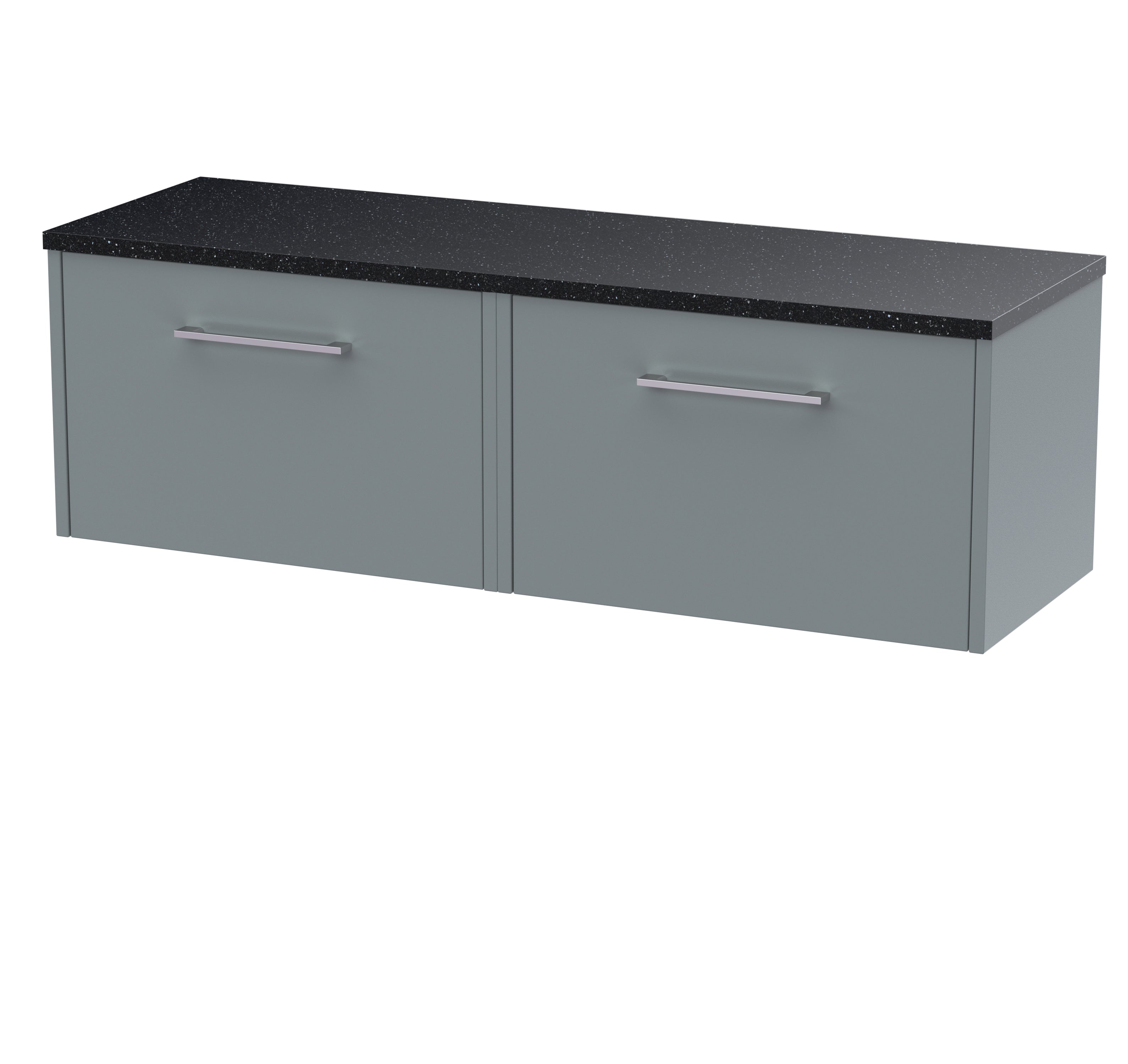 Sleek grey bathroom vanity with black speckled granite top, modern handles, perfect for contemporary bathroom designs.