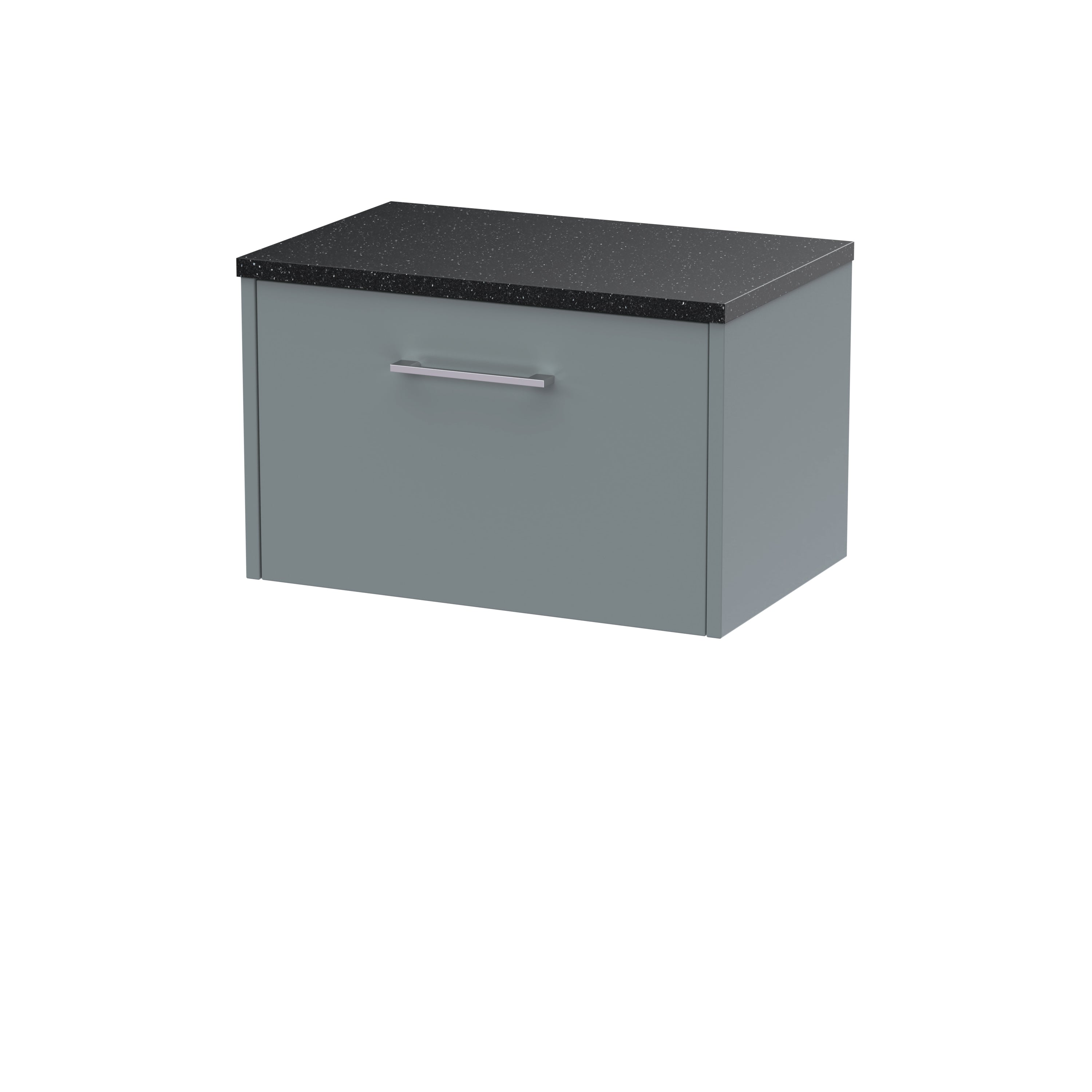 Contemporary grey bathroom cabinet with a black granite countertop and sleek silver handle, ideal for modern bathroom storage solutions.