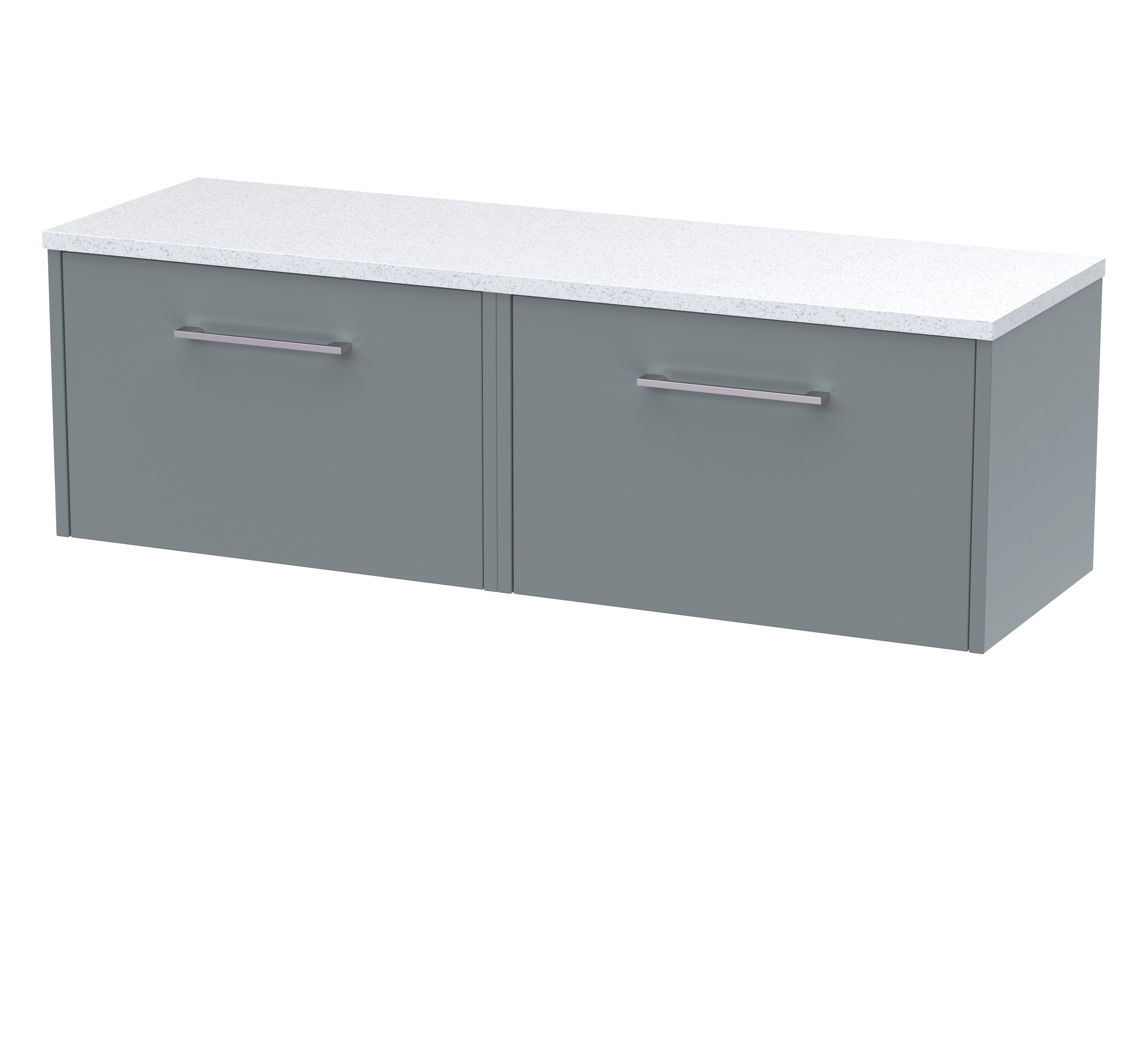 Modern grey bathroom cabinet with white speckled countertop for stylish bathroom storage. Durable, sleek design with elegant handles, perfect for contemporary bathroom interiors.
