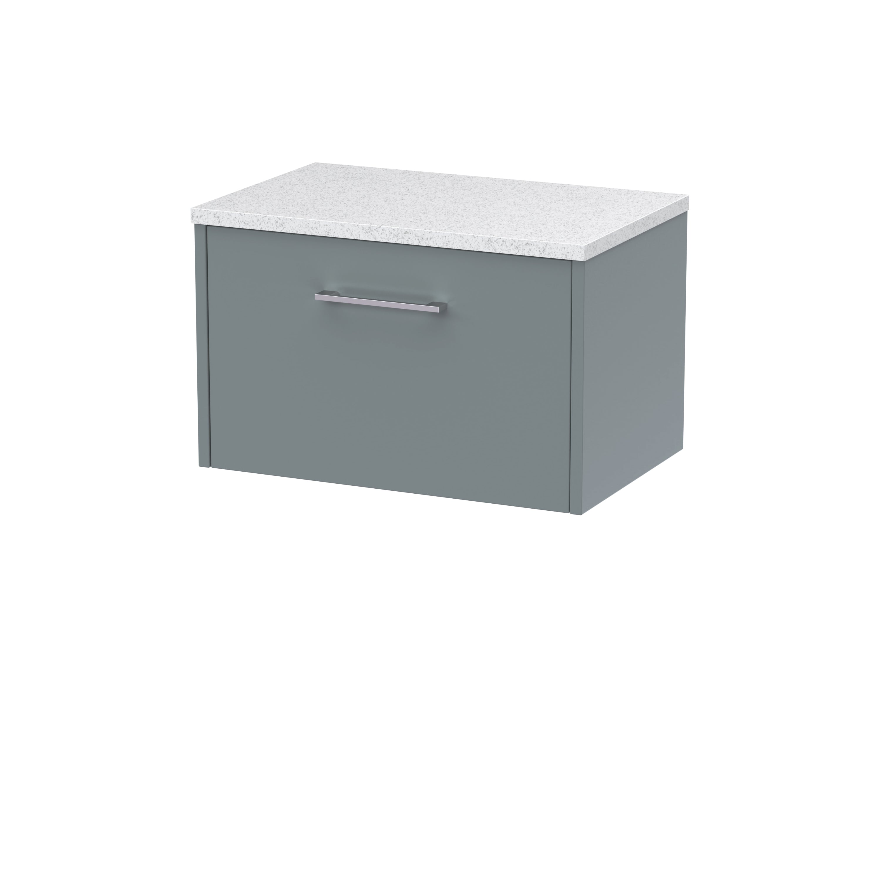 Modern grey bathroom vanity with white speckled countertop, minimalist handle, ideal for contemporary bathroom designs.