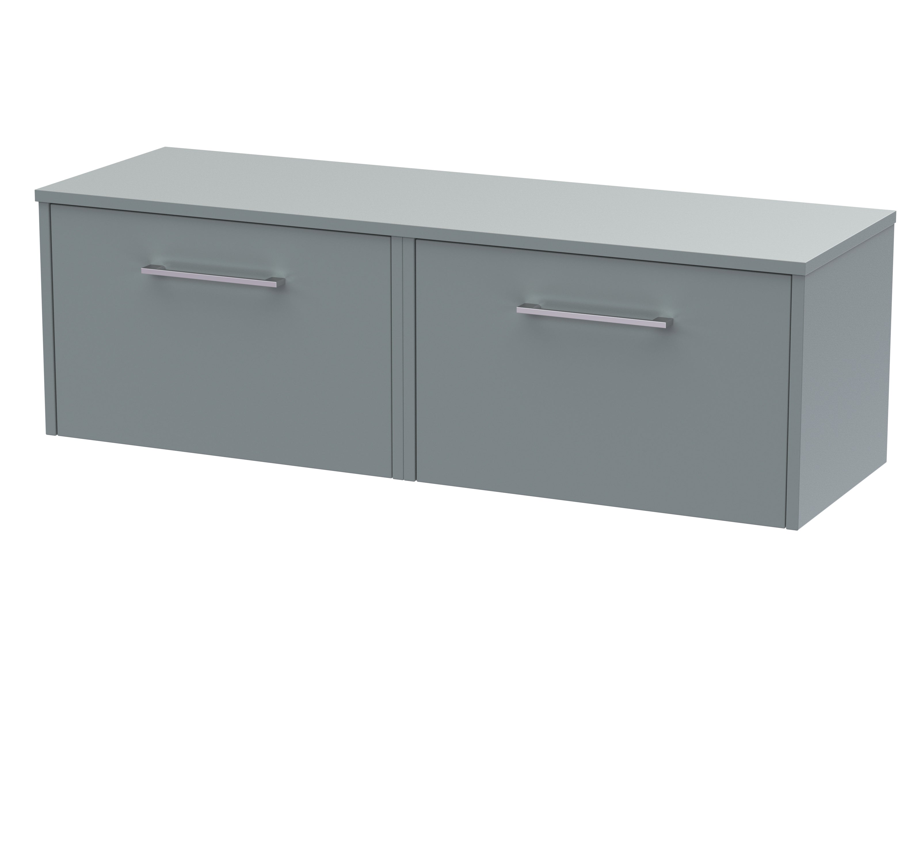 Modern grey bathroom cabinet with sleek silver handles, perfect for stylish bathroom storage and organisation.