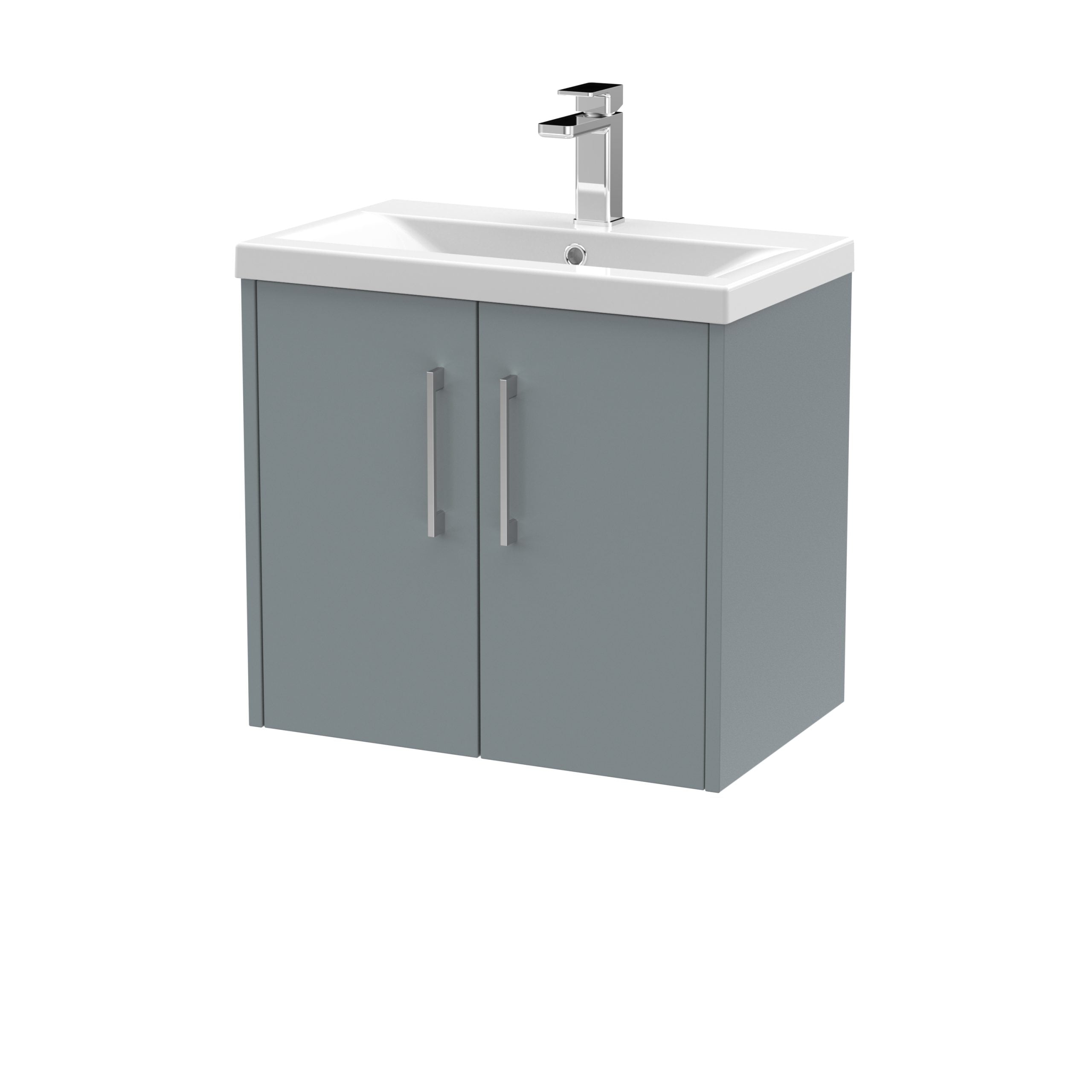 Modern grey bathroom vanity unit with sink and chrome tap, perfect for contemporary bathroom designs. Durable storage cabinet with sleek handles for toiletries and essentials.