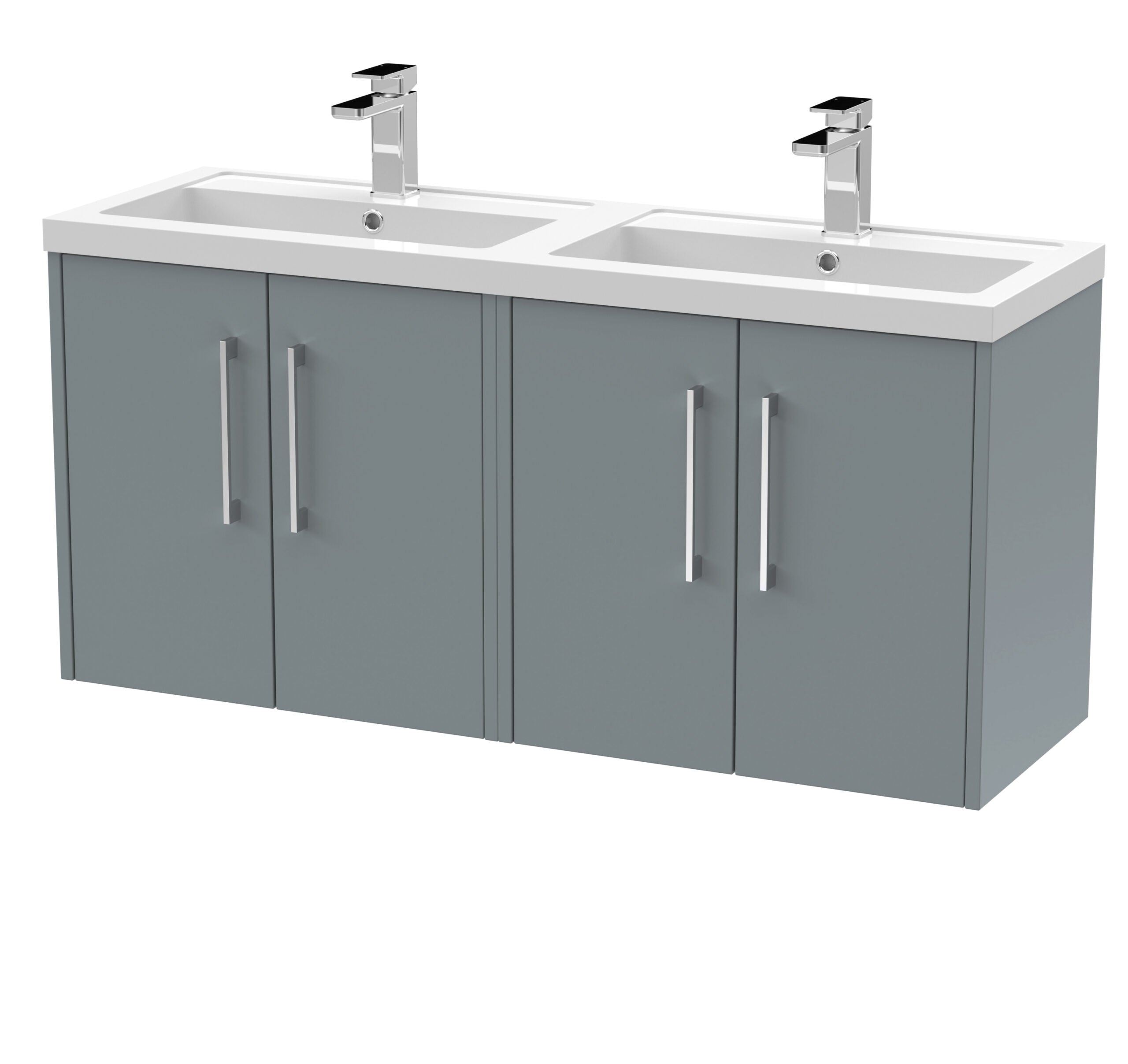 Double modern bathroom vanity with grey cabinets and two white sinks, featuring sleek chrome faucets in a contemporary bathroom setup.