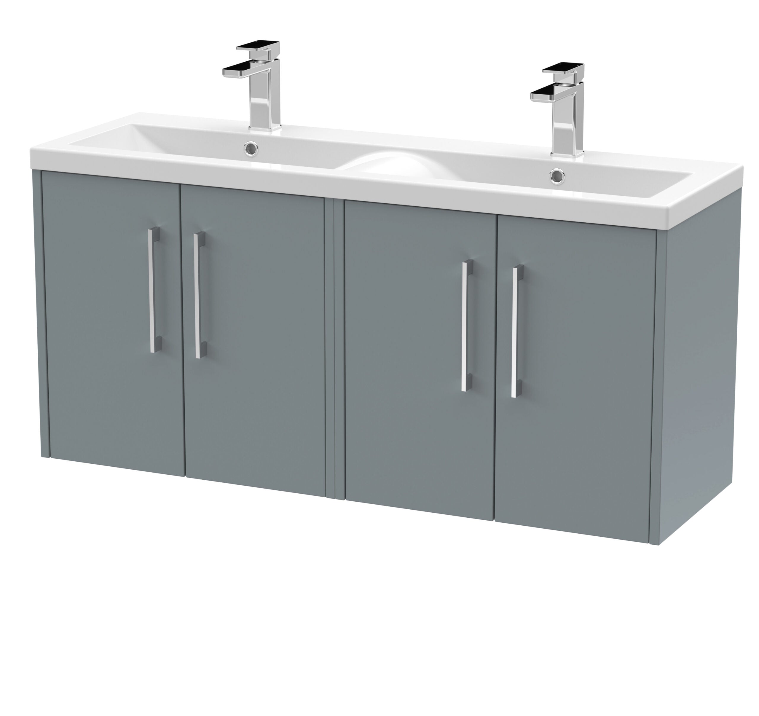 Modern double bathroom vanity unit with grey cabinetry and two chrome taps, ideal for stylish bathroom upgrades.