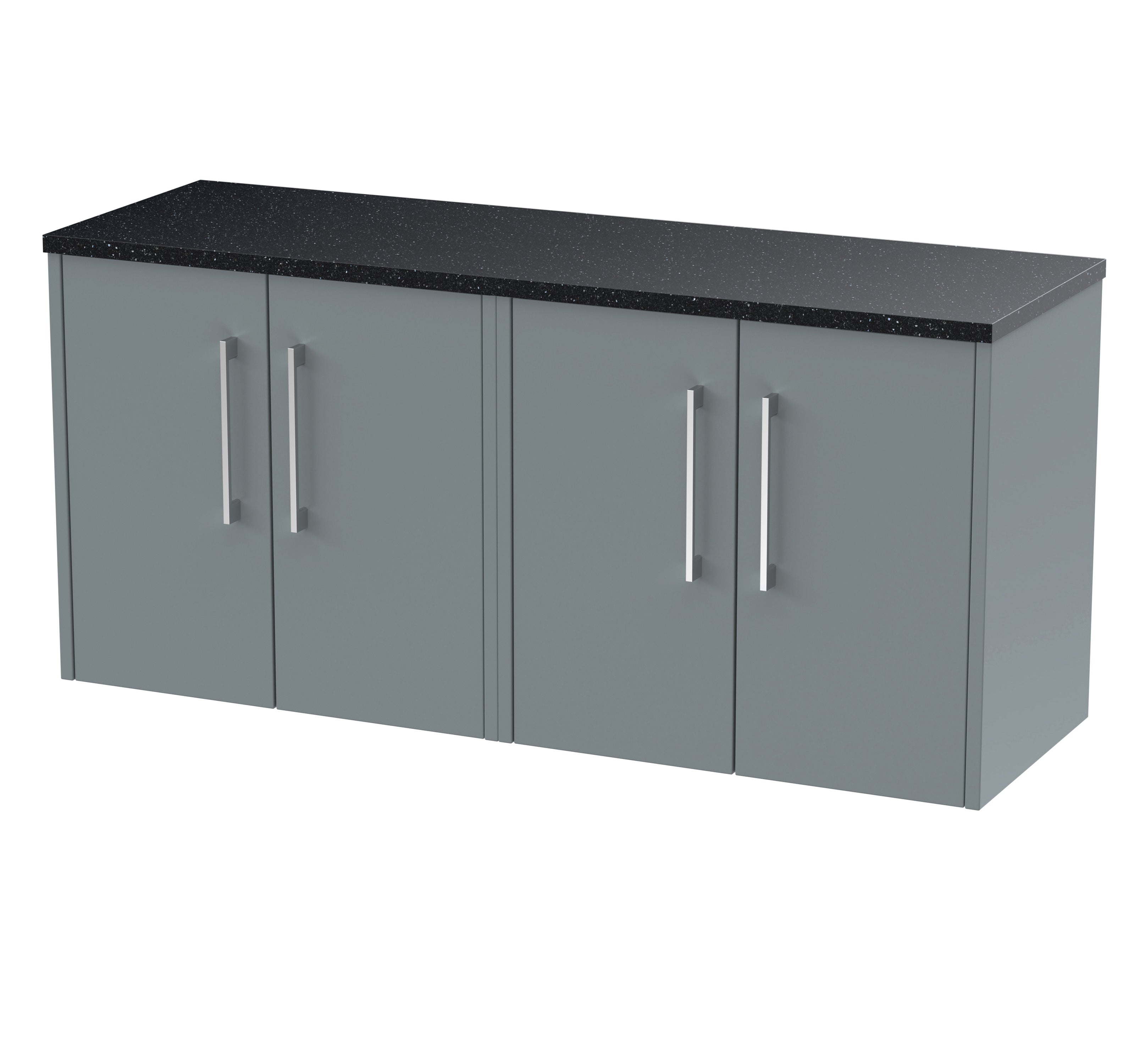 Modern grey bathroom cabinet with black granite countertop for stylish bathroom storage solutions.
