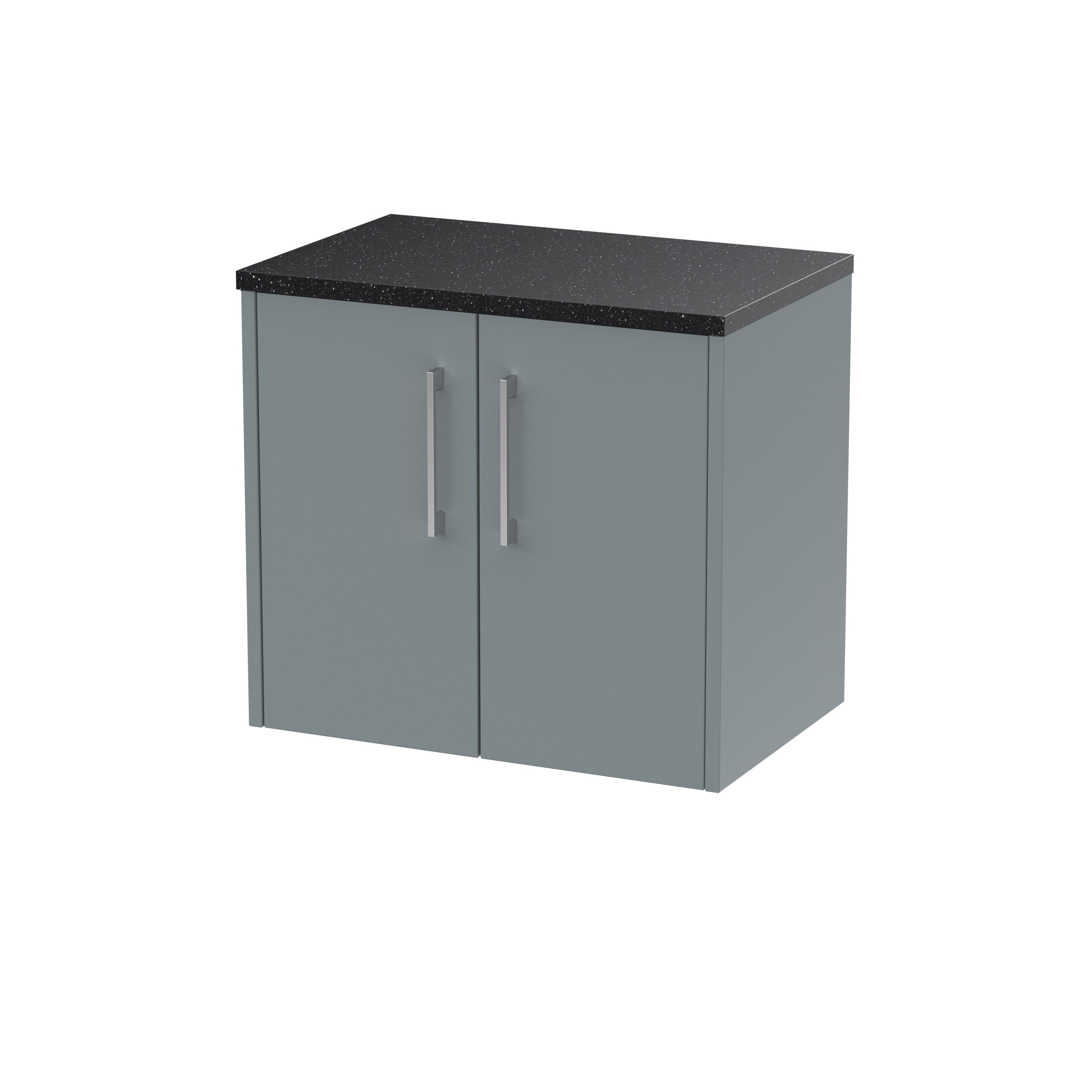 Modern grey bathroom storage cabinet with black speckled countertop, sleek handles, ideal for bathroom organisation and space-saving solutions.