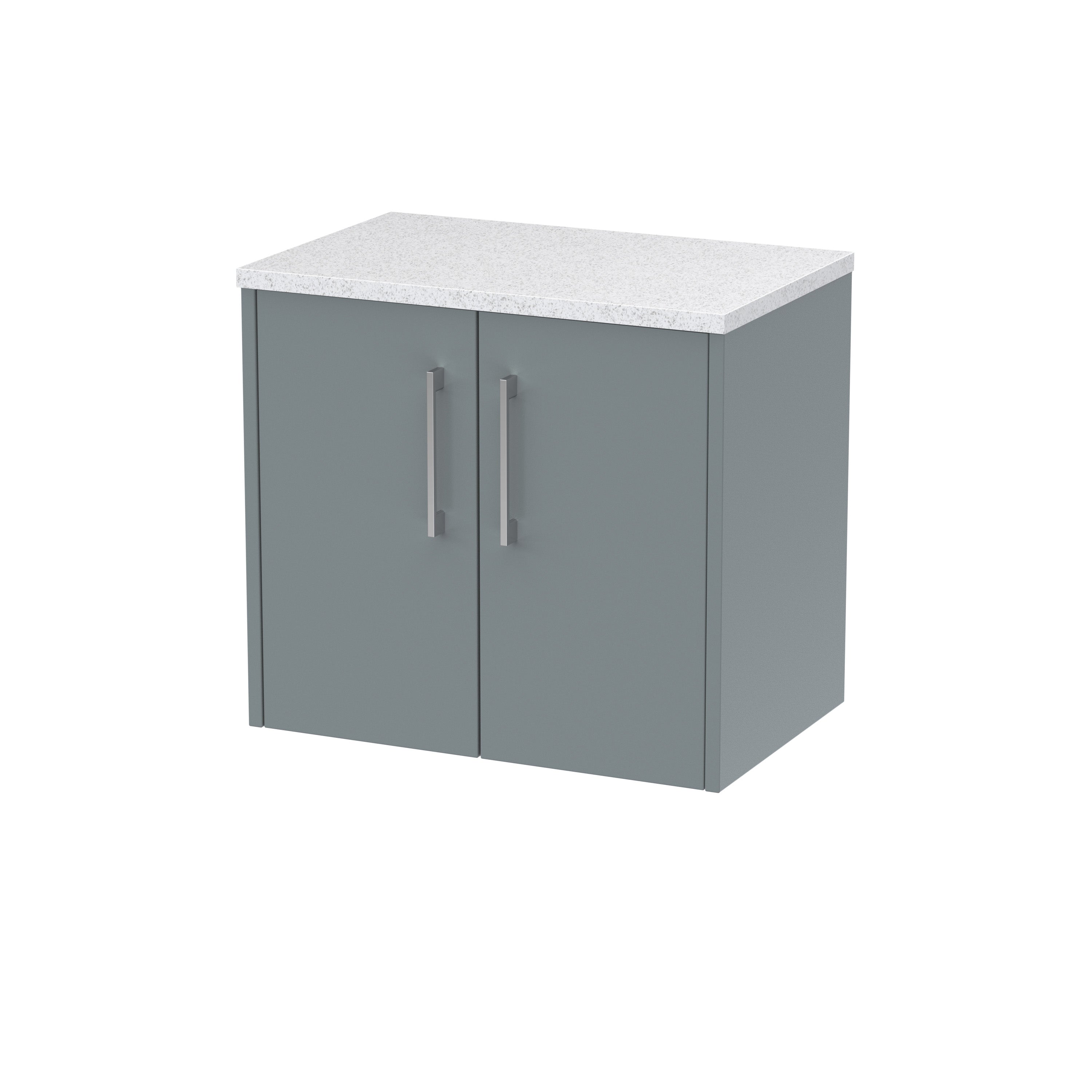 Modern grey bathroom cabinet with a white speckled top, ideal for bathroom storage solutions. Premium finish, sleek handles, and sturdy construction suitable for contemporary bathroom interiors.