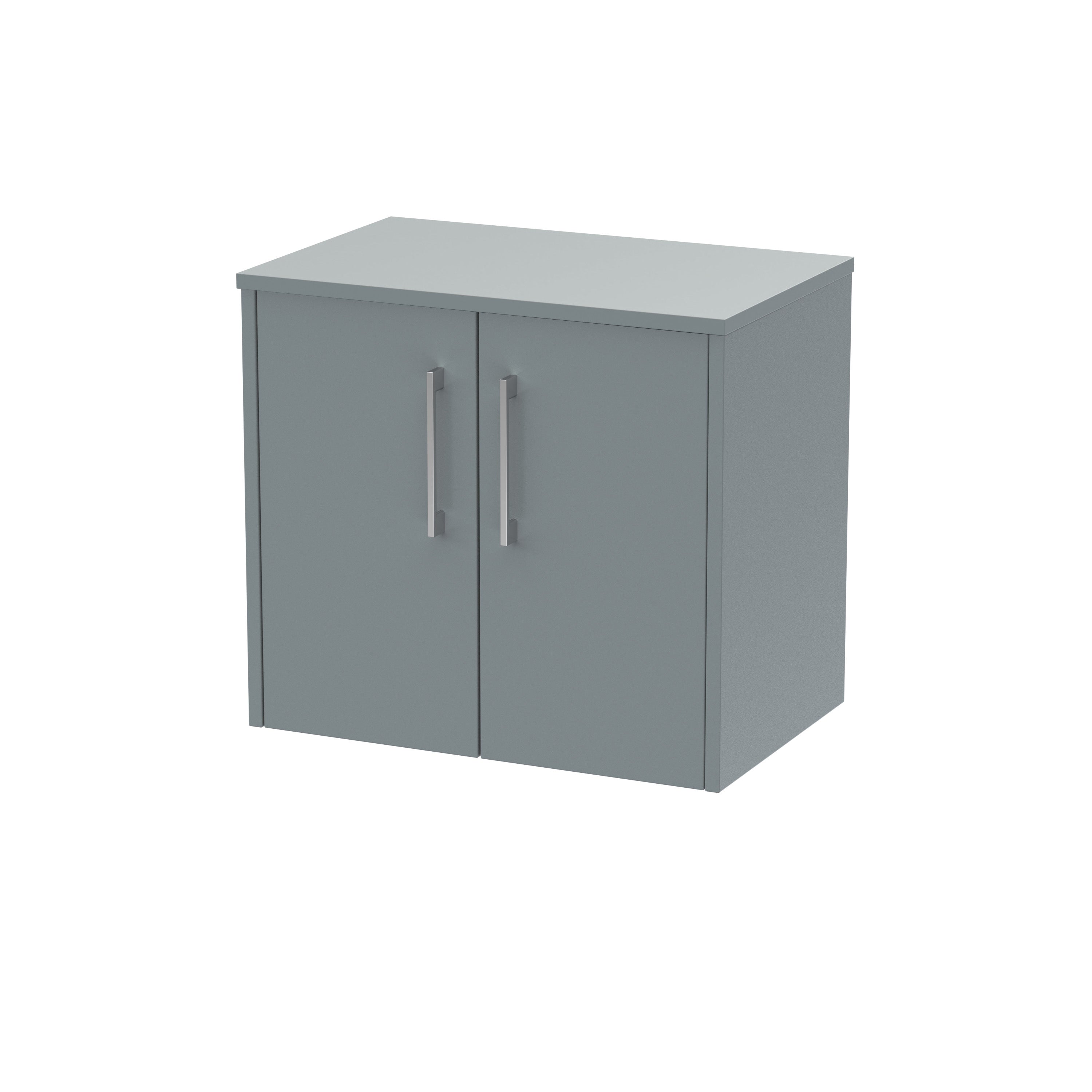 Modern grey bathroom storage cabinet with double doors and sleek handles, ideal for organising bathroom essentials and enhancing bathroom aesthetics.