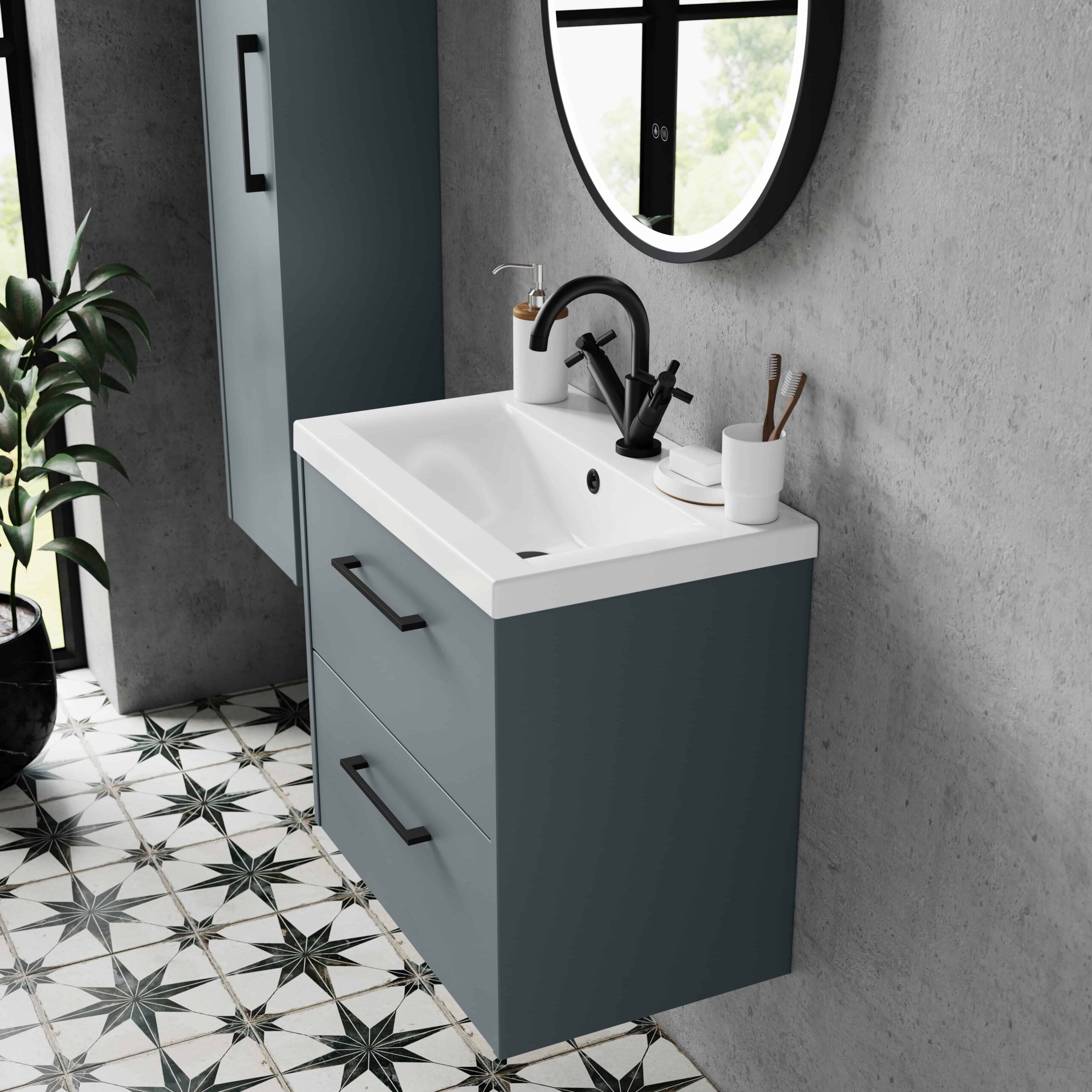 Sleek modern bathroom vanity unit with black fixtures and a stylish mirror, featuring a white sink for contemporary bathroom decor.