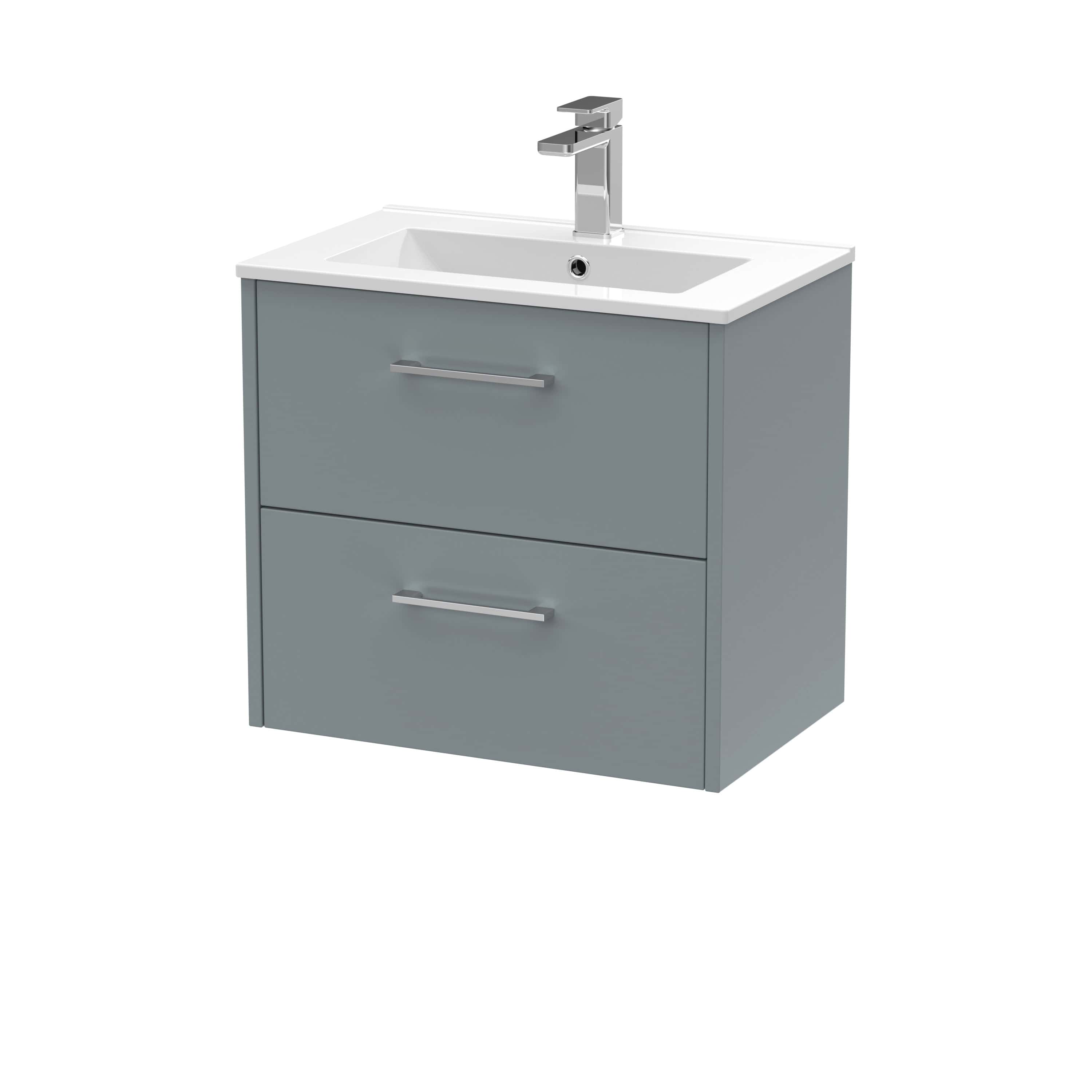 Sleek modern bathroom vanity with integrated sink, grey cabinet storage, and chrome handle, perfect for contemporary bathroom designs.