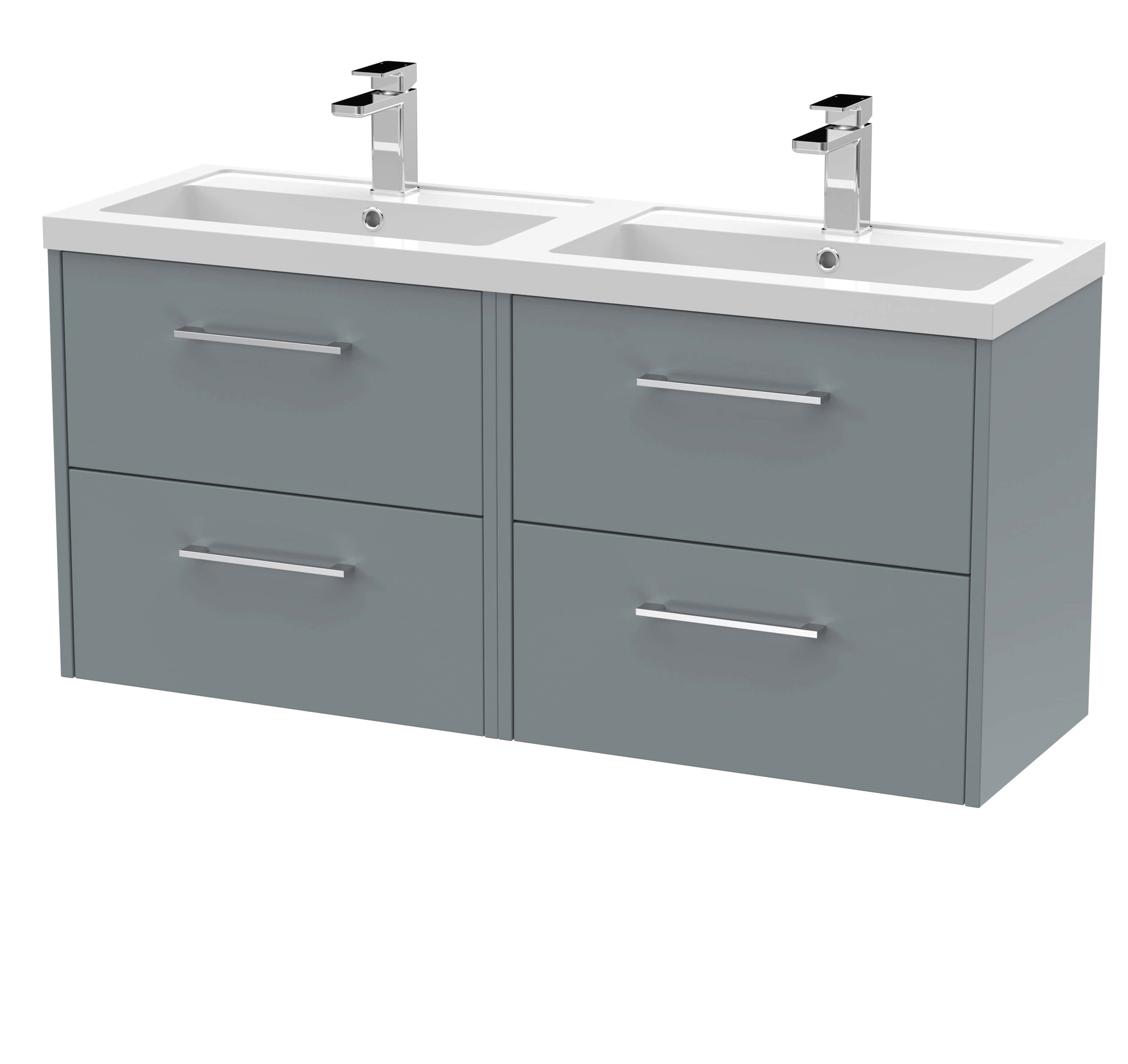 Sleek double vanity bathroom unit with contemporary grey cabinetry, twin sinks, and chrome taps, perfect for modern bathrooms. Durable and stylish design by Bubly Bathrooms.
