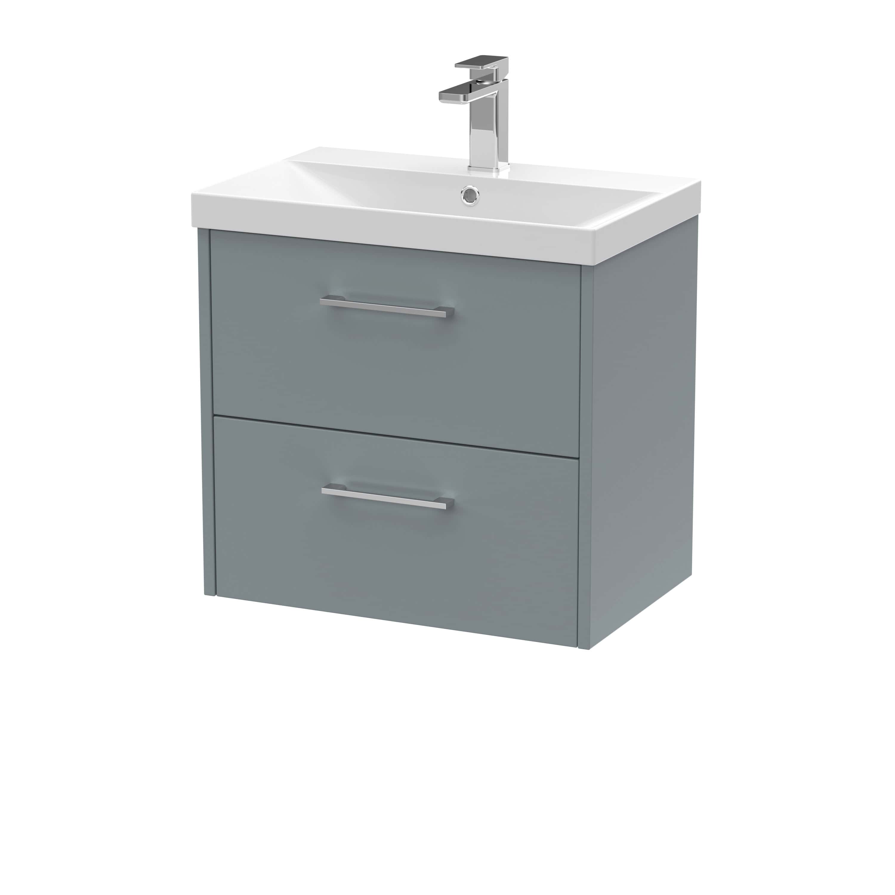 Modern grey bathroom vanity with integrated sink and chrome faucet, ideal for contemporary bathroom designs.
