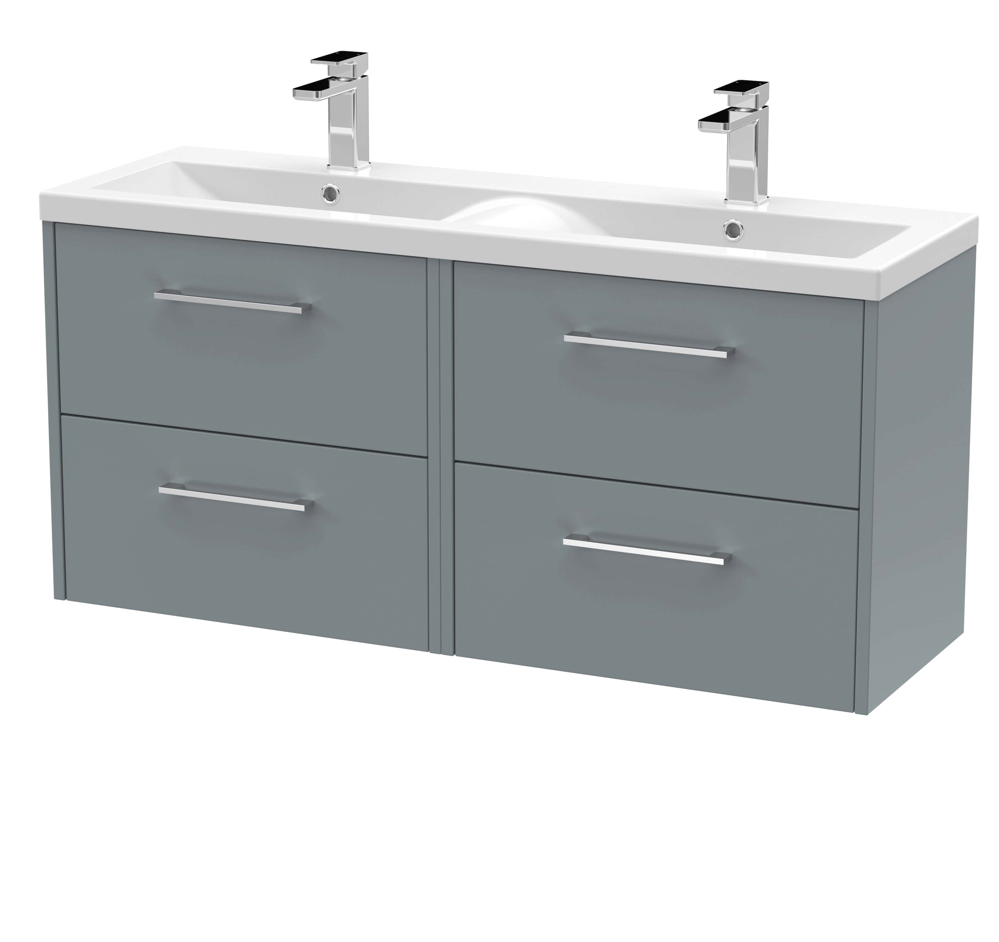 Sleek double vanity unit with grey cabinets and a white countertop with two modern sinks and chrome taps, ideal for contemporary bathroom designs.