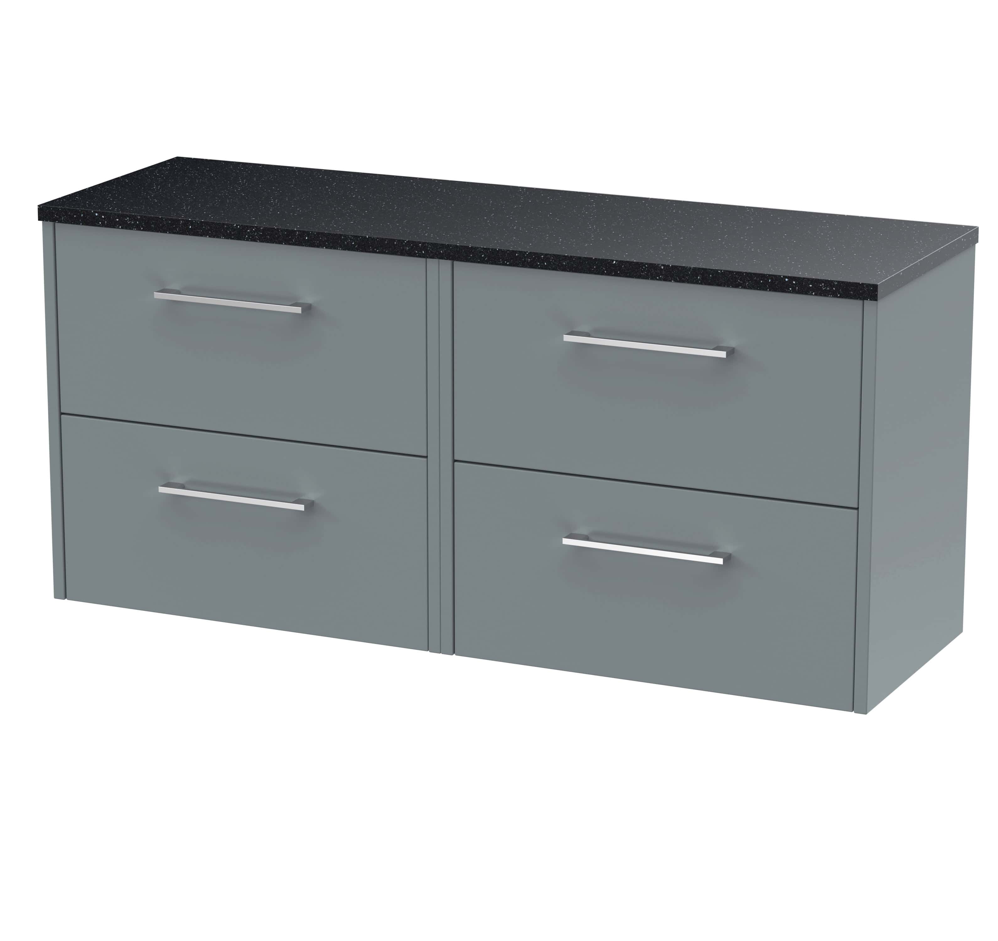 Sleek grey bathroom vanity unit with four spacious drawers and modern chrome handles, topped with a black granite effect worktop for stylish bathroom storage and organisation.