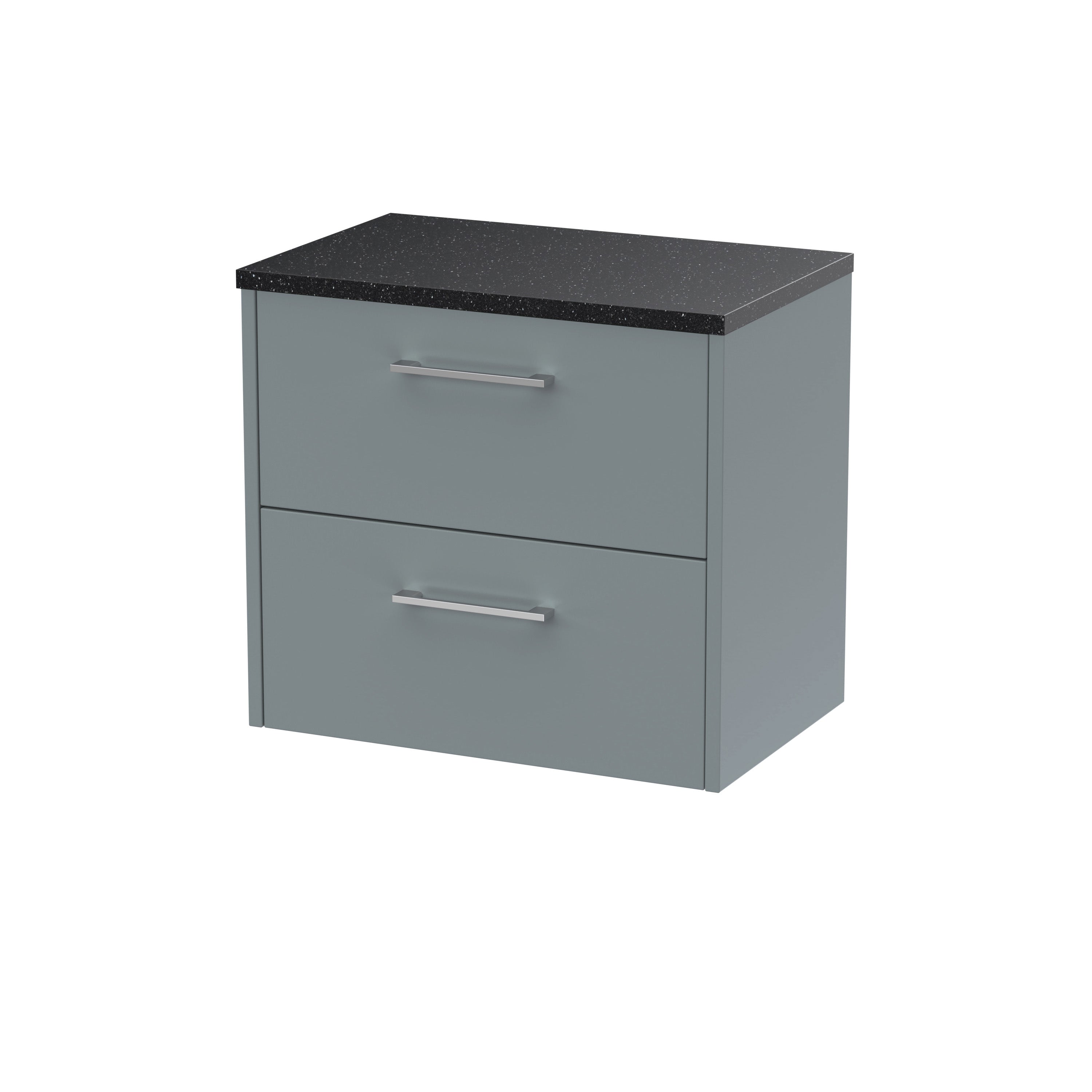 Modern grey bathroom cabinet with black granite top, stylish storage solution, and sleek metal handles for contemporary bathroom decor.