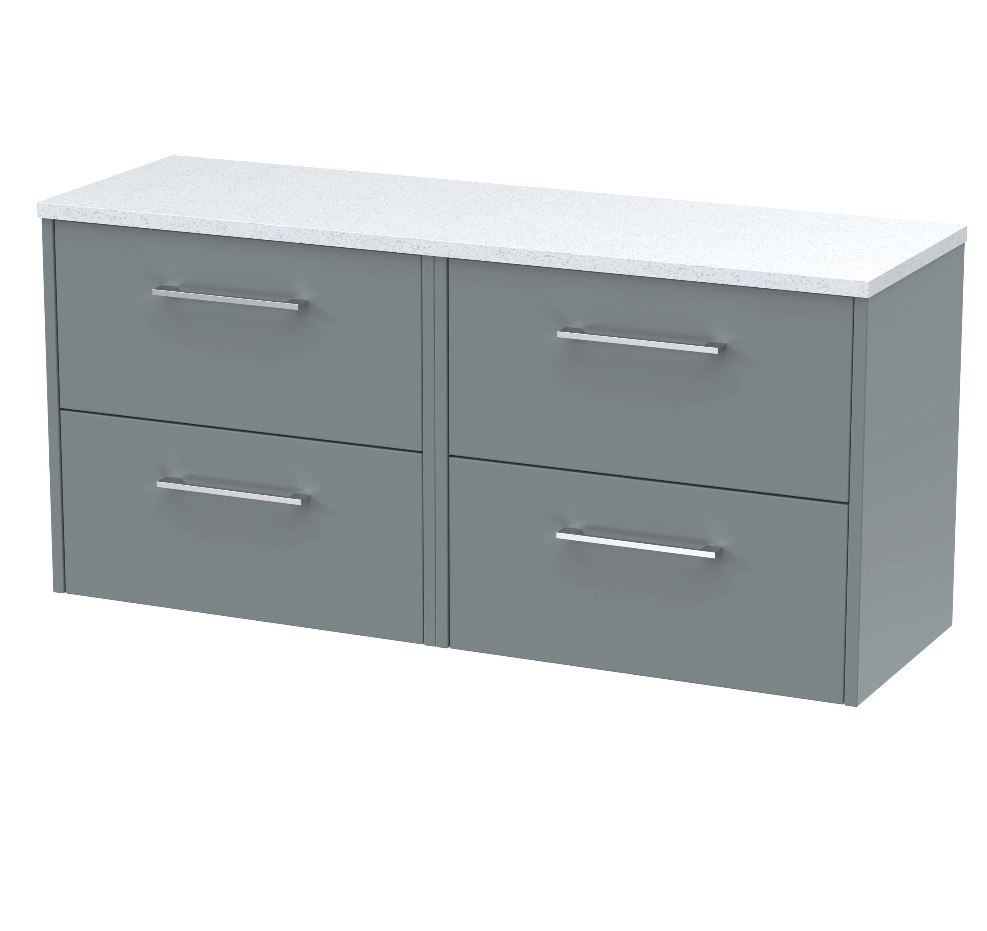 Sleek grey bathroom vanity unit with four drawers and a white speckled top, ideal for modern bathroom storage solutions.