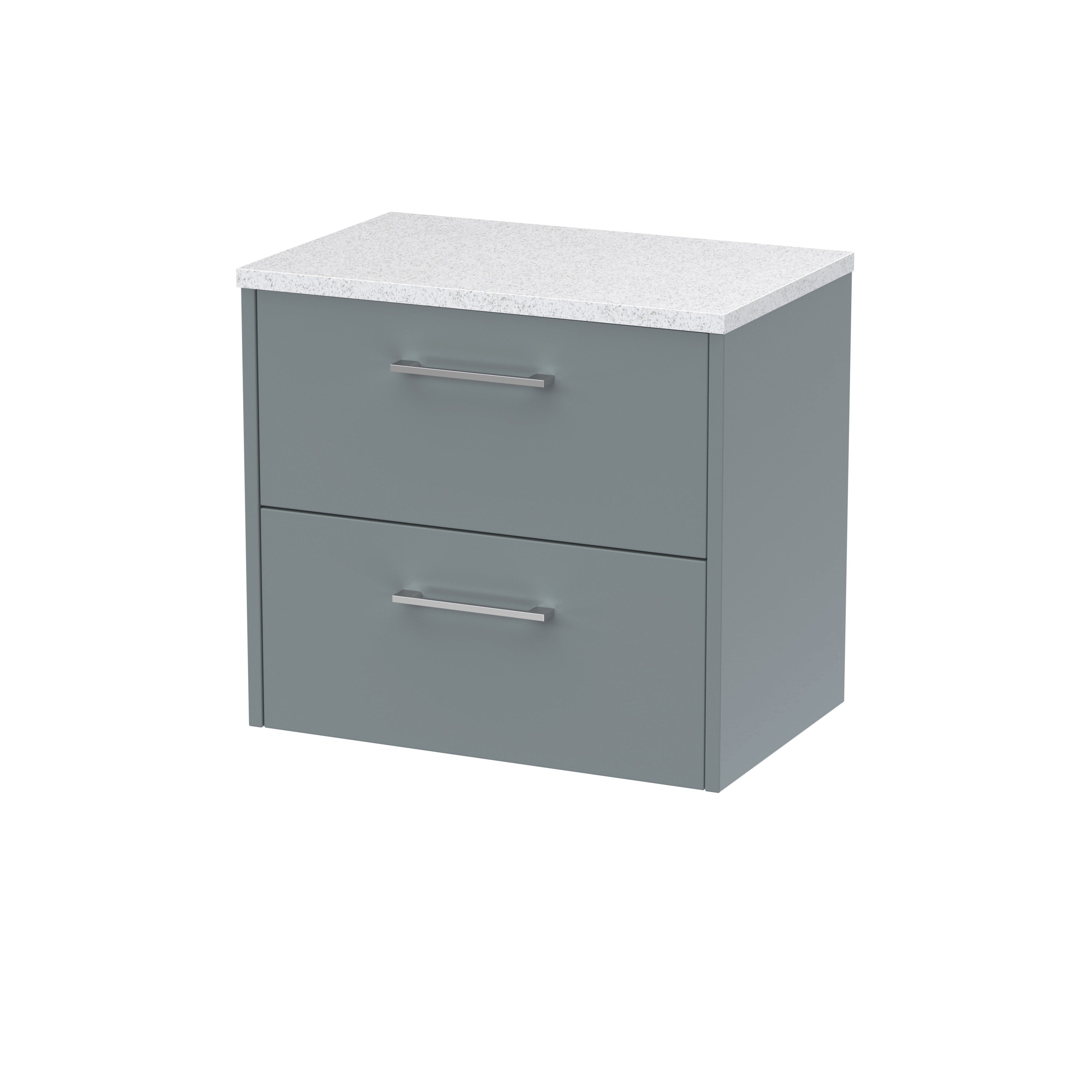 Modern grey bathroom cabinet with a white speckled countertop, featuring two spacious drawers with sleek silver handles, ideal for stylish bathroom storage.