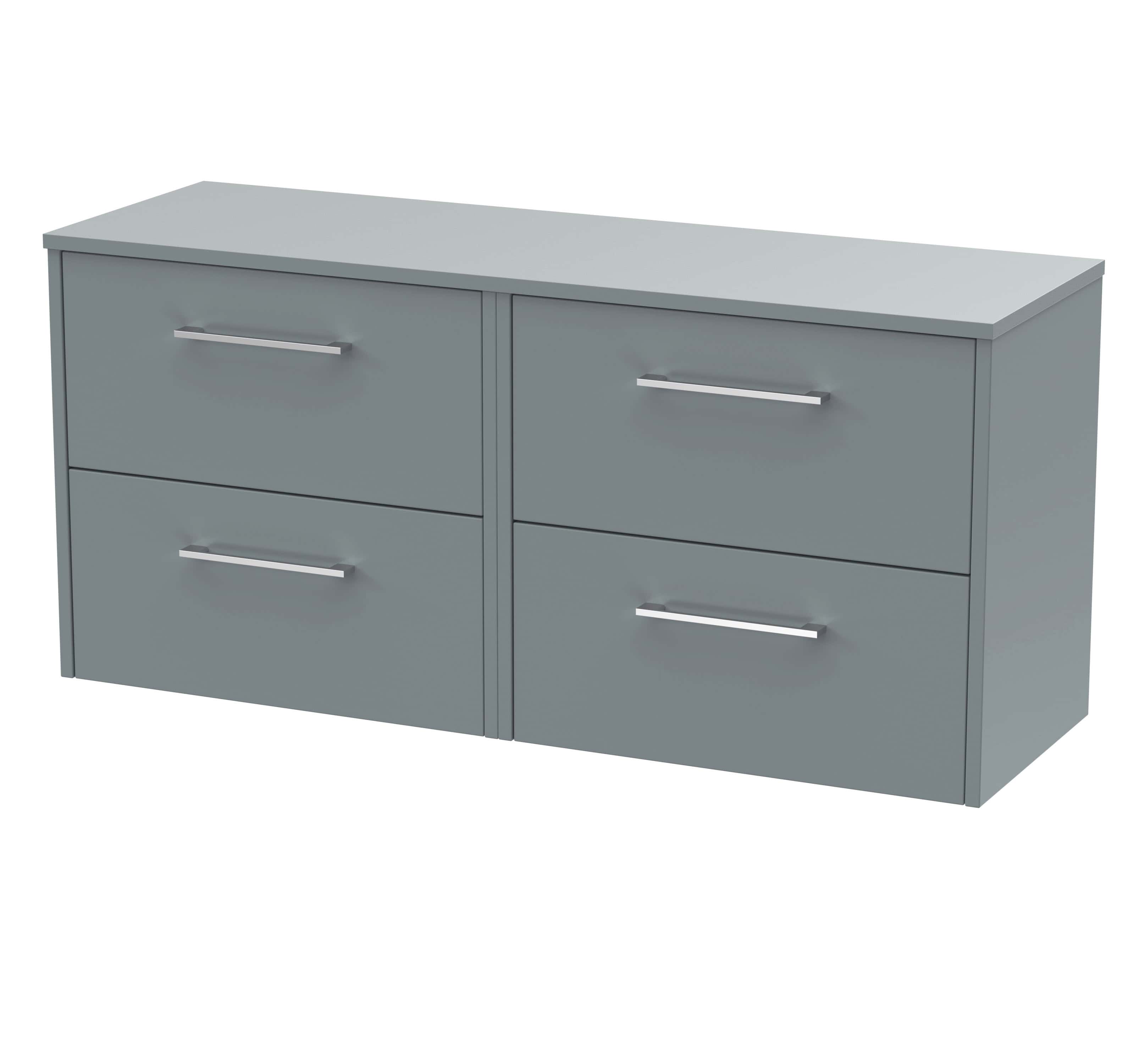 Contemporary grey bathroom vanity unit with four drawers and sleek metal handles, ideal for modern bathroom storage solutions.
